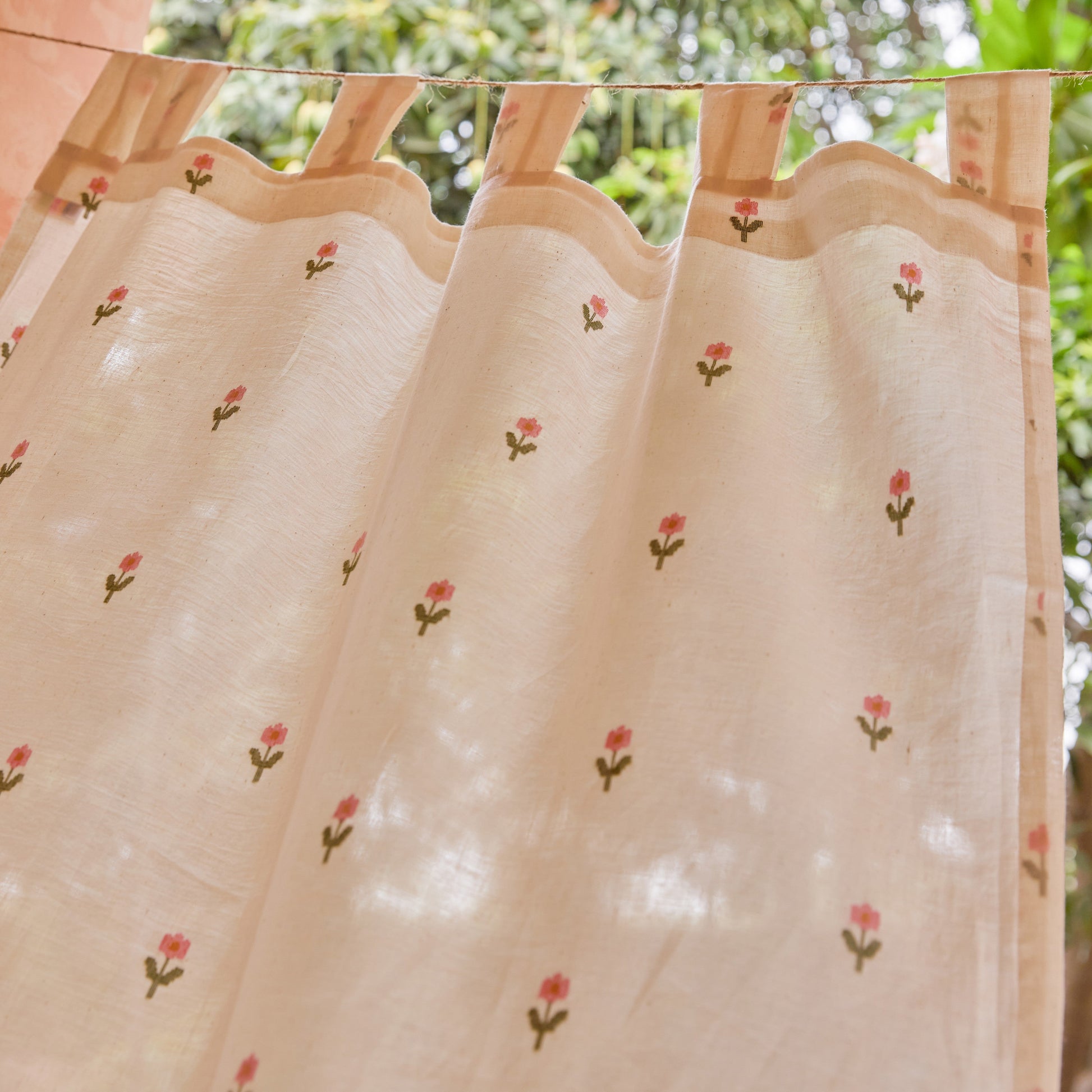 White Jhora Phool Jamdani Cotton Handloom Curtain-Curtains-House of Ekam