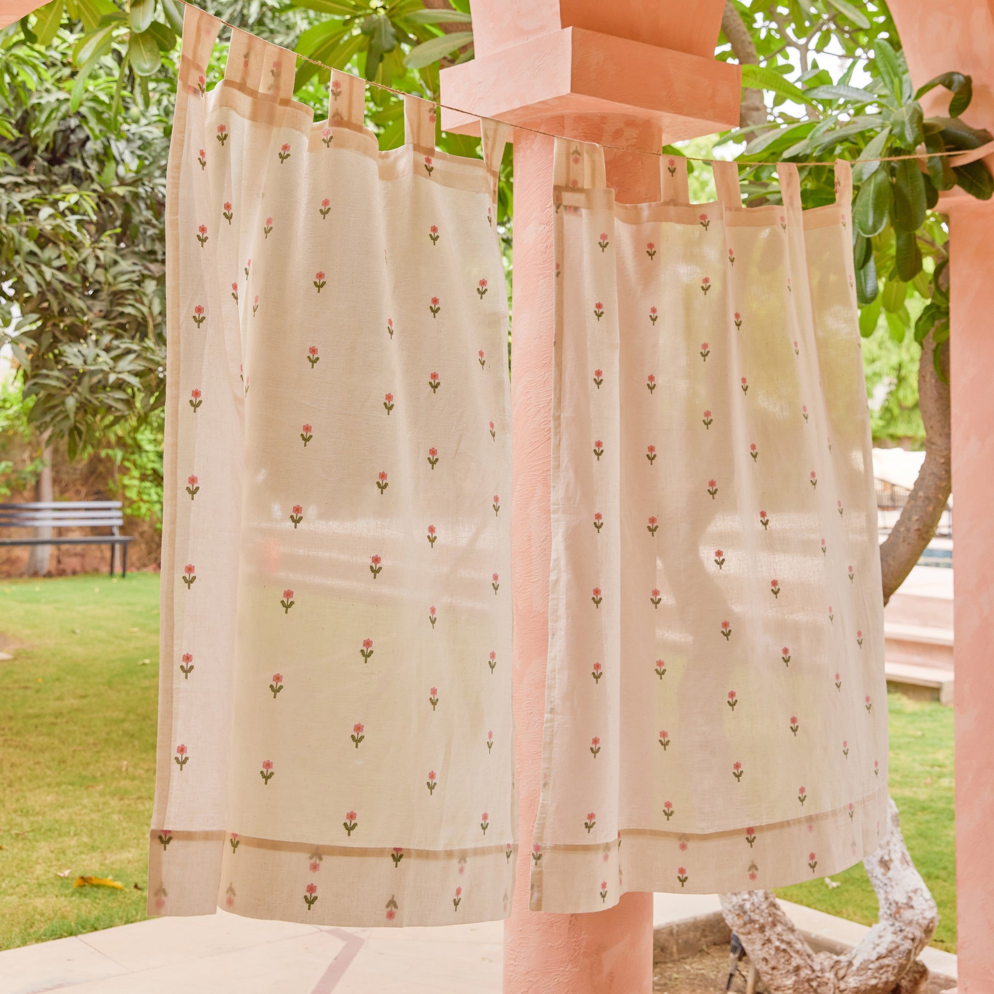 White Jhora Phool Jamdani Cotton Handloom Curtain-Curtains-House of Ekam