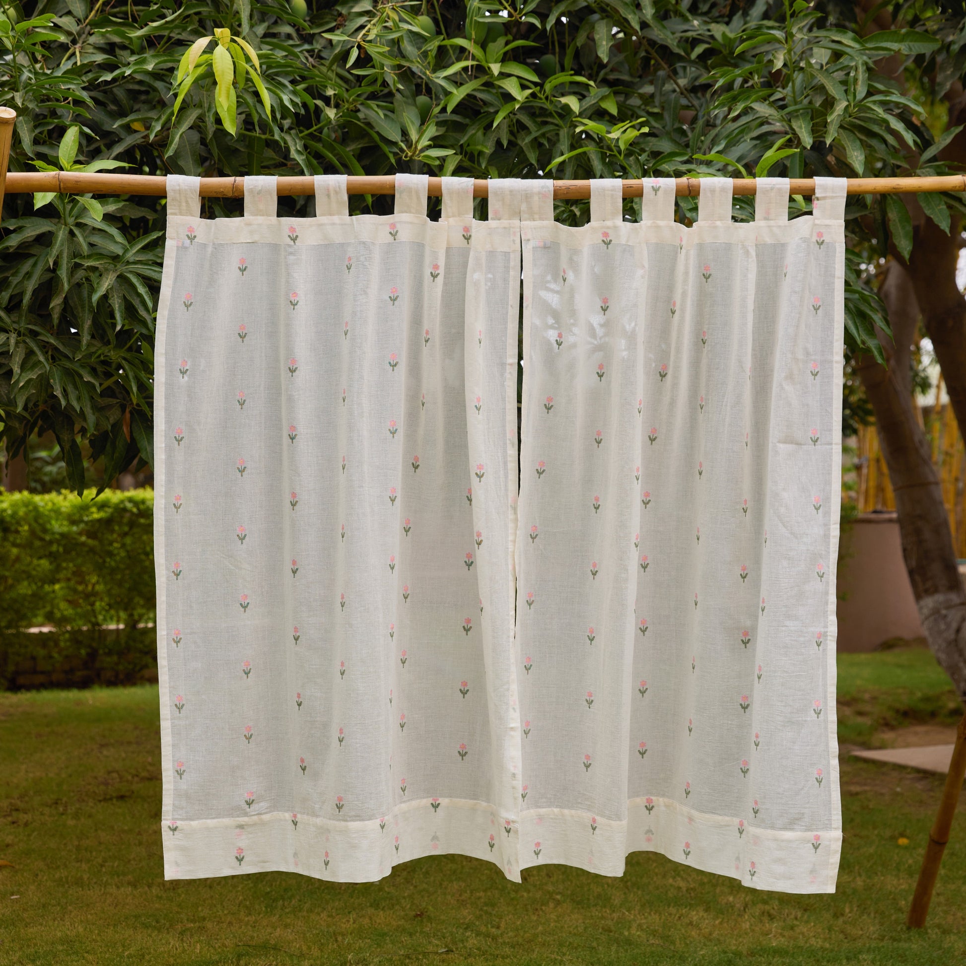 White Jhora Phool Jamdani Cotton Handloom Curtain-Curtains-House of Ekam