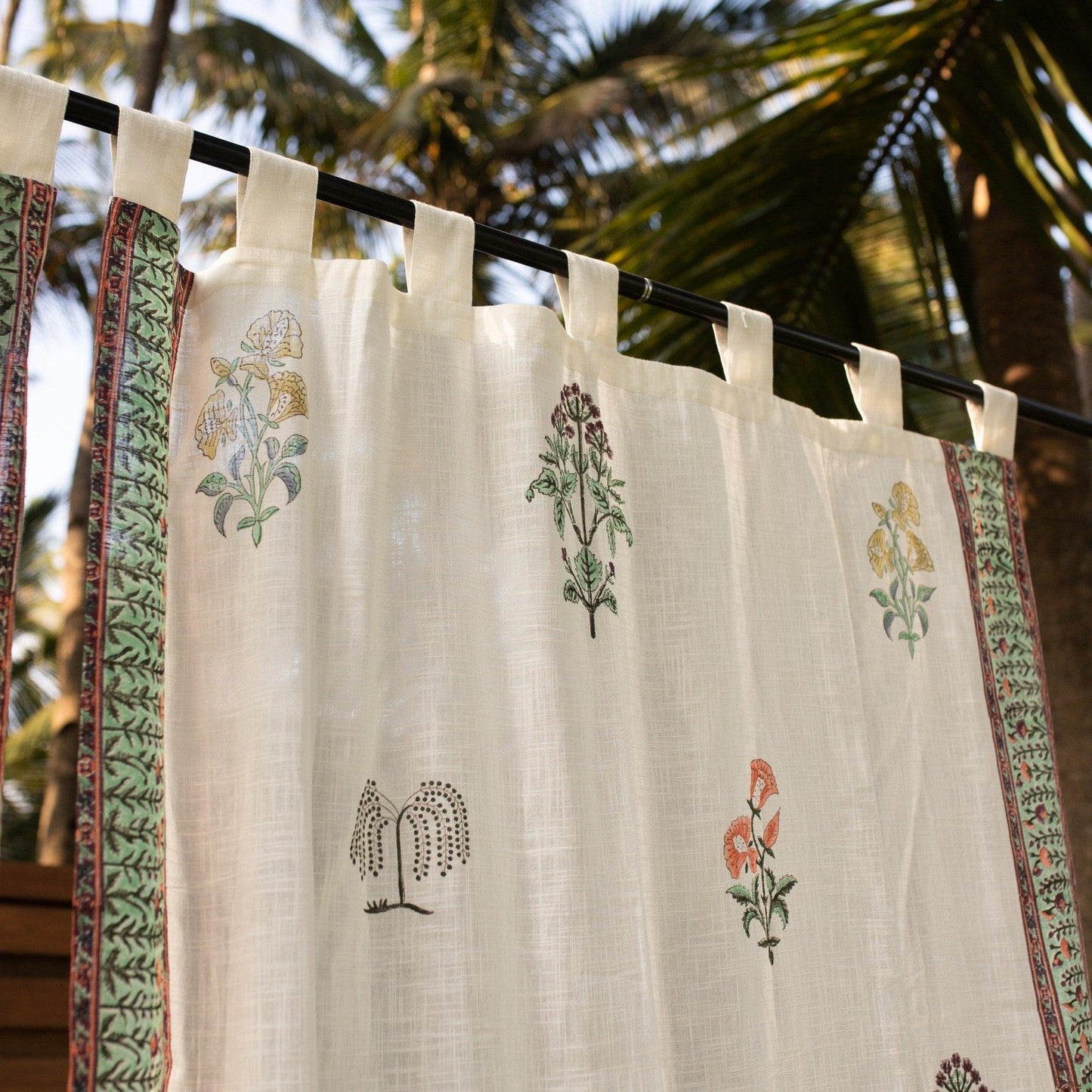 White Mughal Garden Blockprint Cotton Slub Curtain-Curtains-House of Ekam