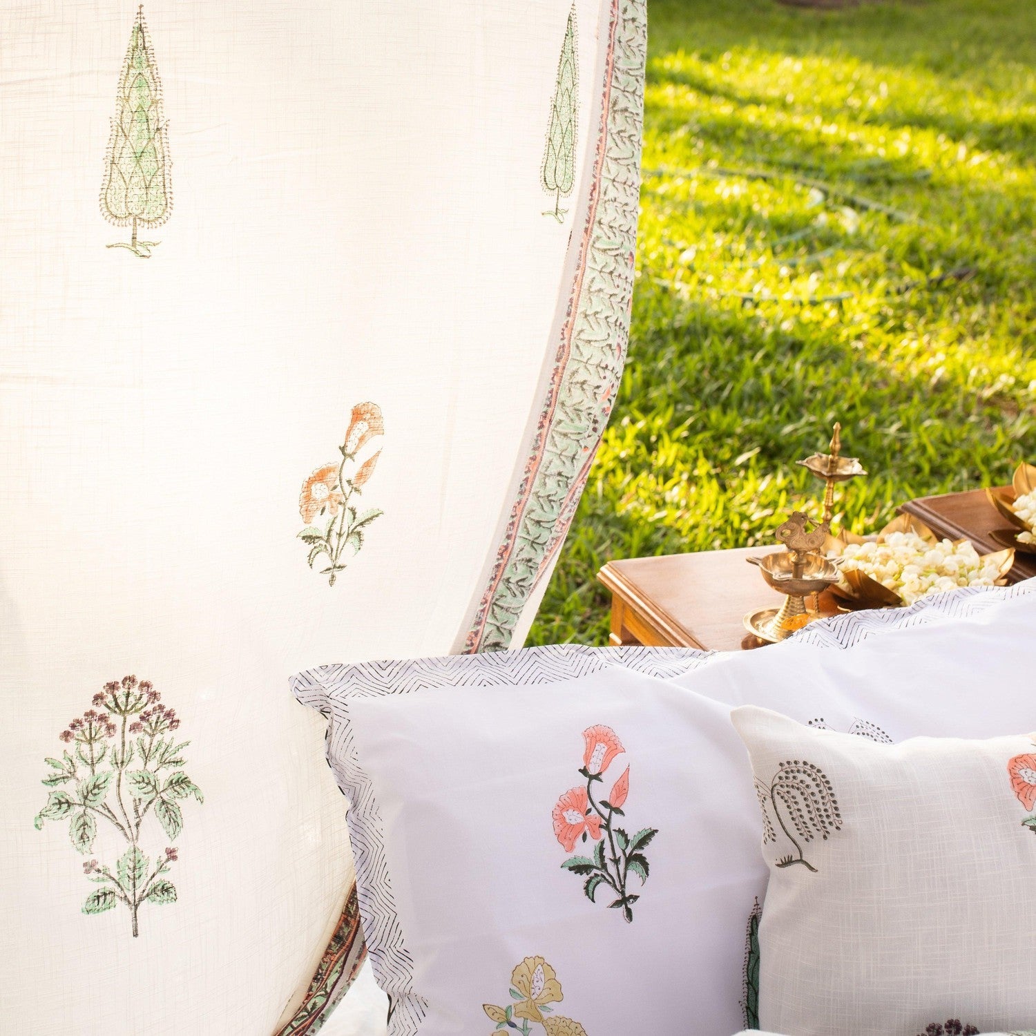 White Mughal Garden Blockprint Cotton Slub Curtain-Curtains-House of Ekam