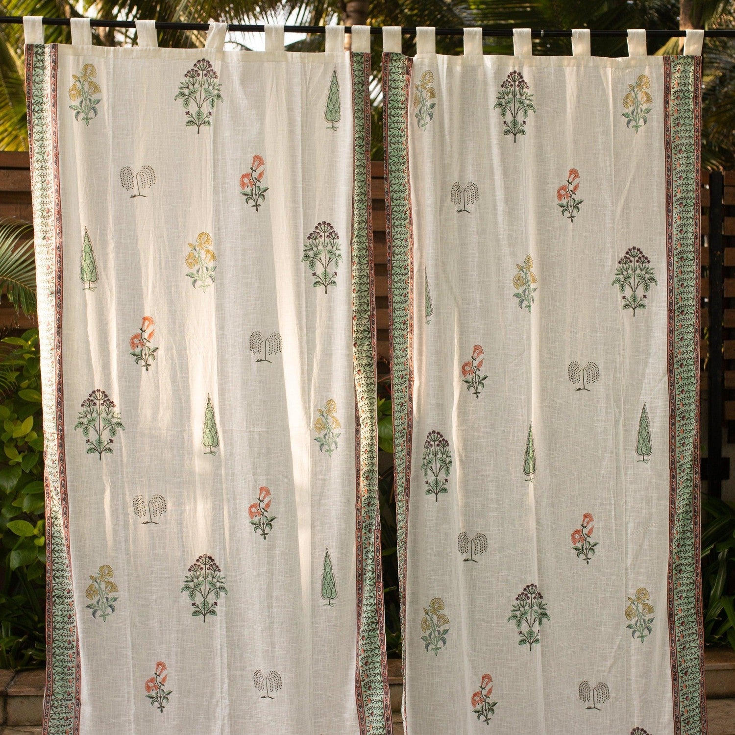 White Mughal Garden Blockprint Cotton Slub Curtain-Curtains-House of Ekam