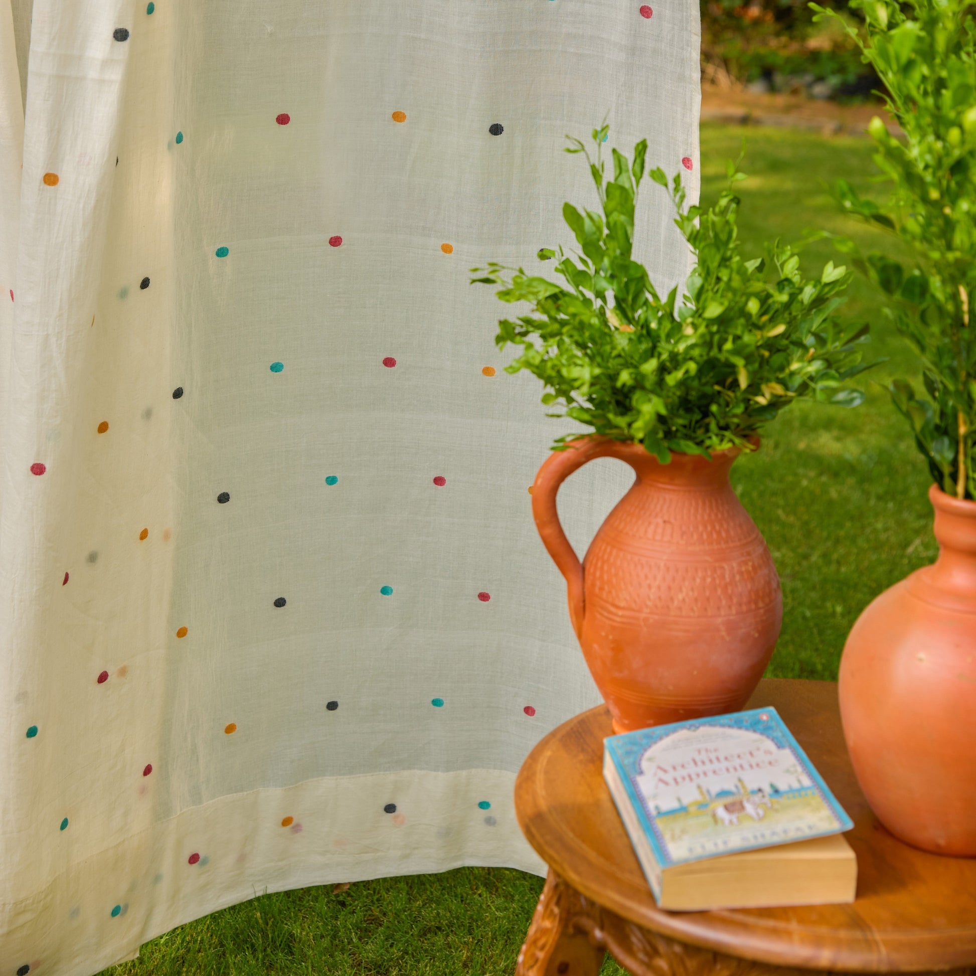 White & Multicolor Polka Jamdani Cotton Handloom Curtain-Curtains-House of Ekam