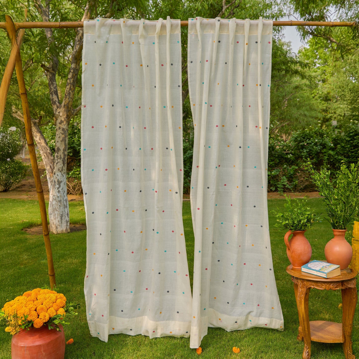 White & Multicolor Polka Jamdani Cotton Handloom Curtain-Curtains-House of Ekam