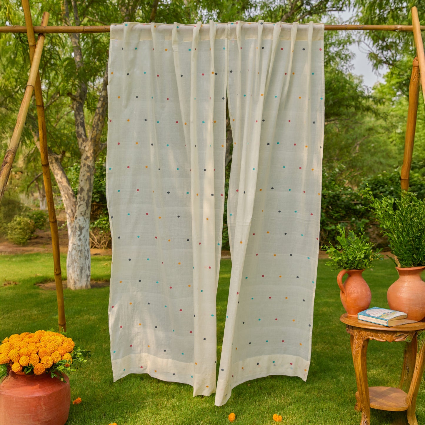 White & Multicolor Polka Jamdani Cotton Handloom Curtain-Curtains-House of Ekam
