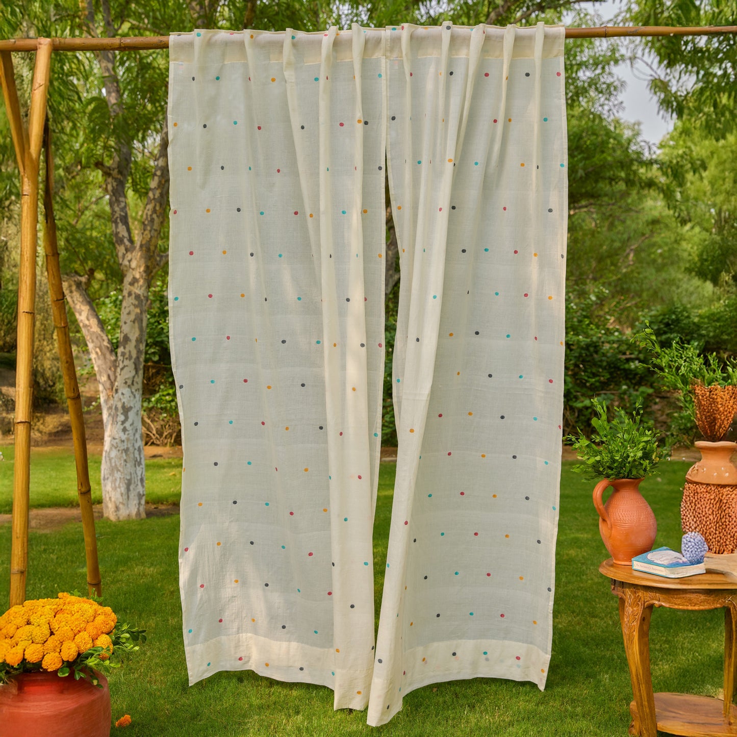 White & Multicolor Polka Jamdani Cotton Handloom Curtain-Curtains-House of Ekam