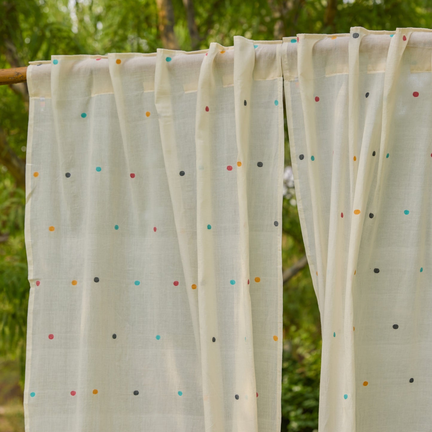 White & Multicolor Polka Jamdani Cotton Handloom Curtain-Curtains-House of Ekam