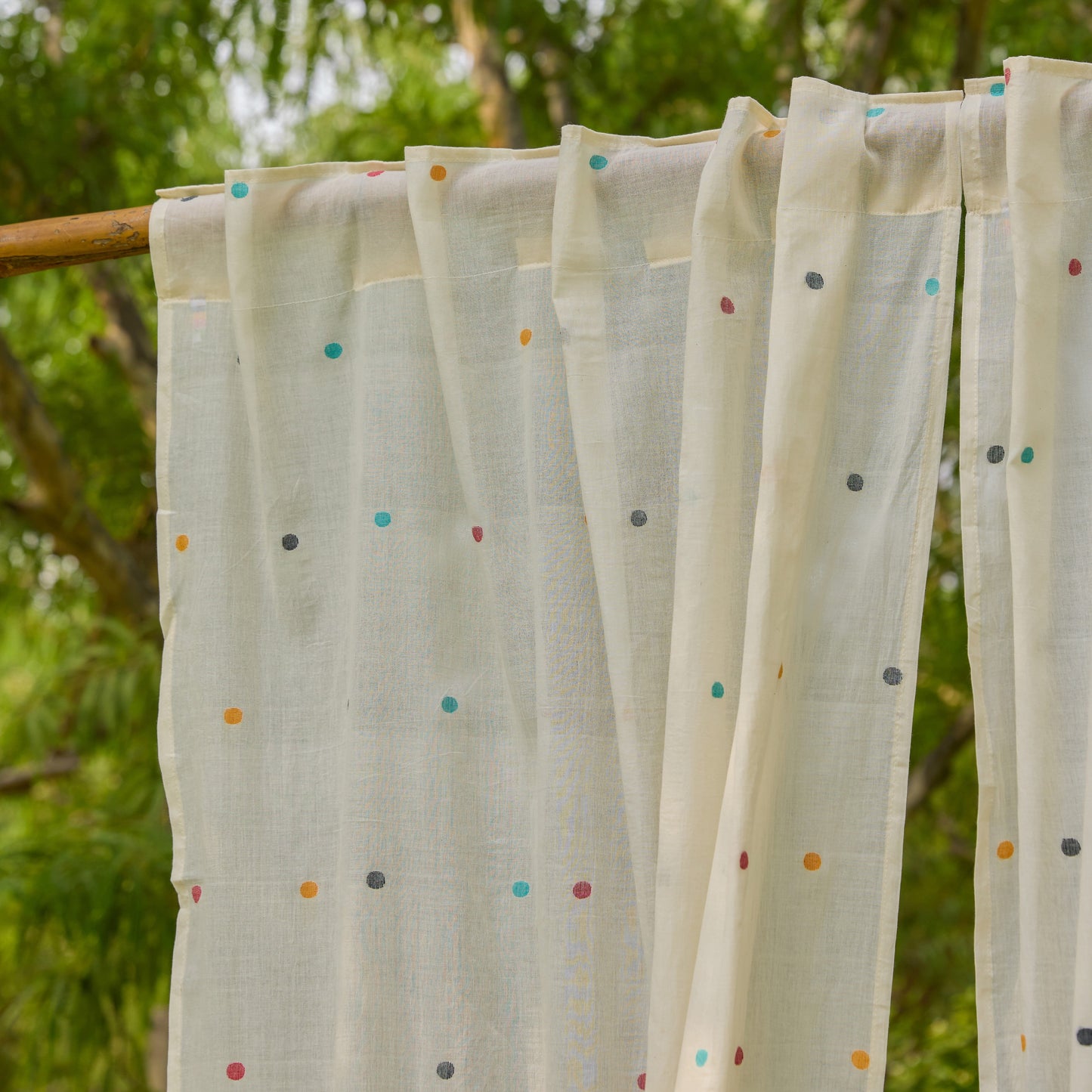White & Multicolor Polka Jamdani Cotton Handloom Curtain-Curtains-House of Ekam