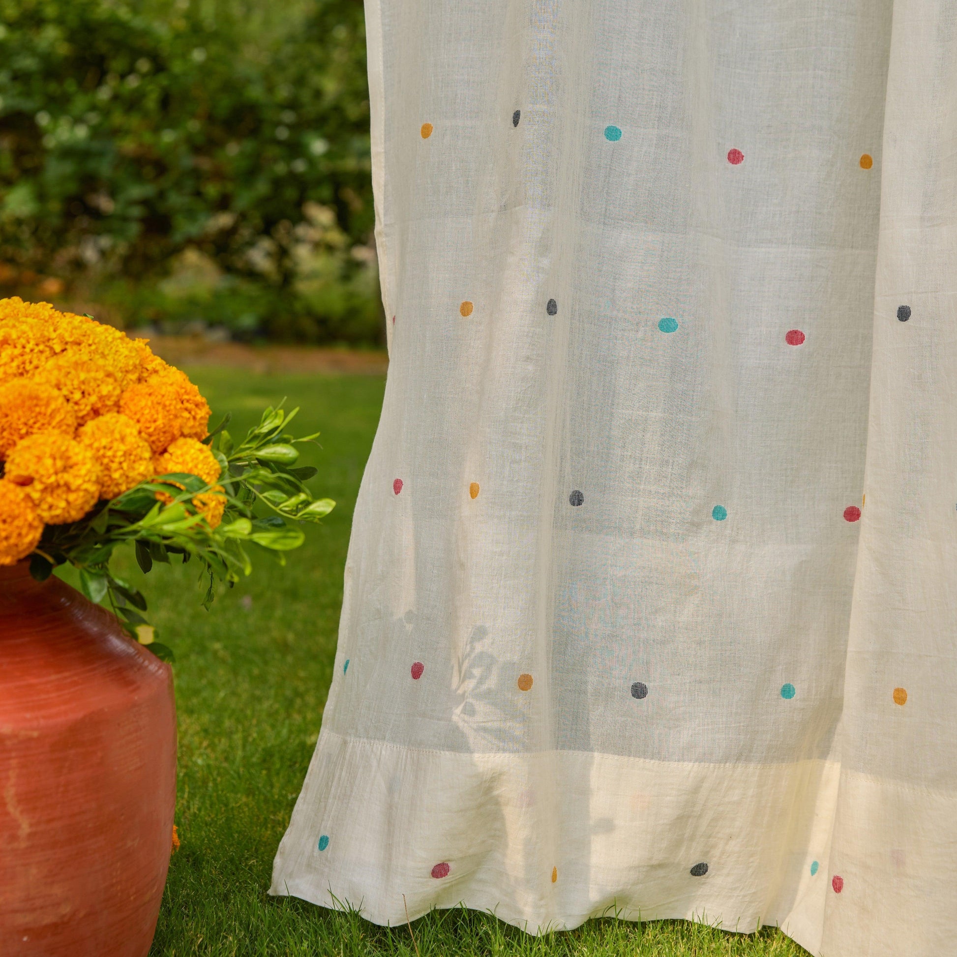 White & Multicolor Polka Jamdani Cotton Handloom Curtain-Curtains-House of Ekam