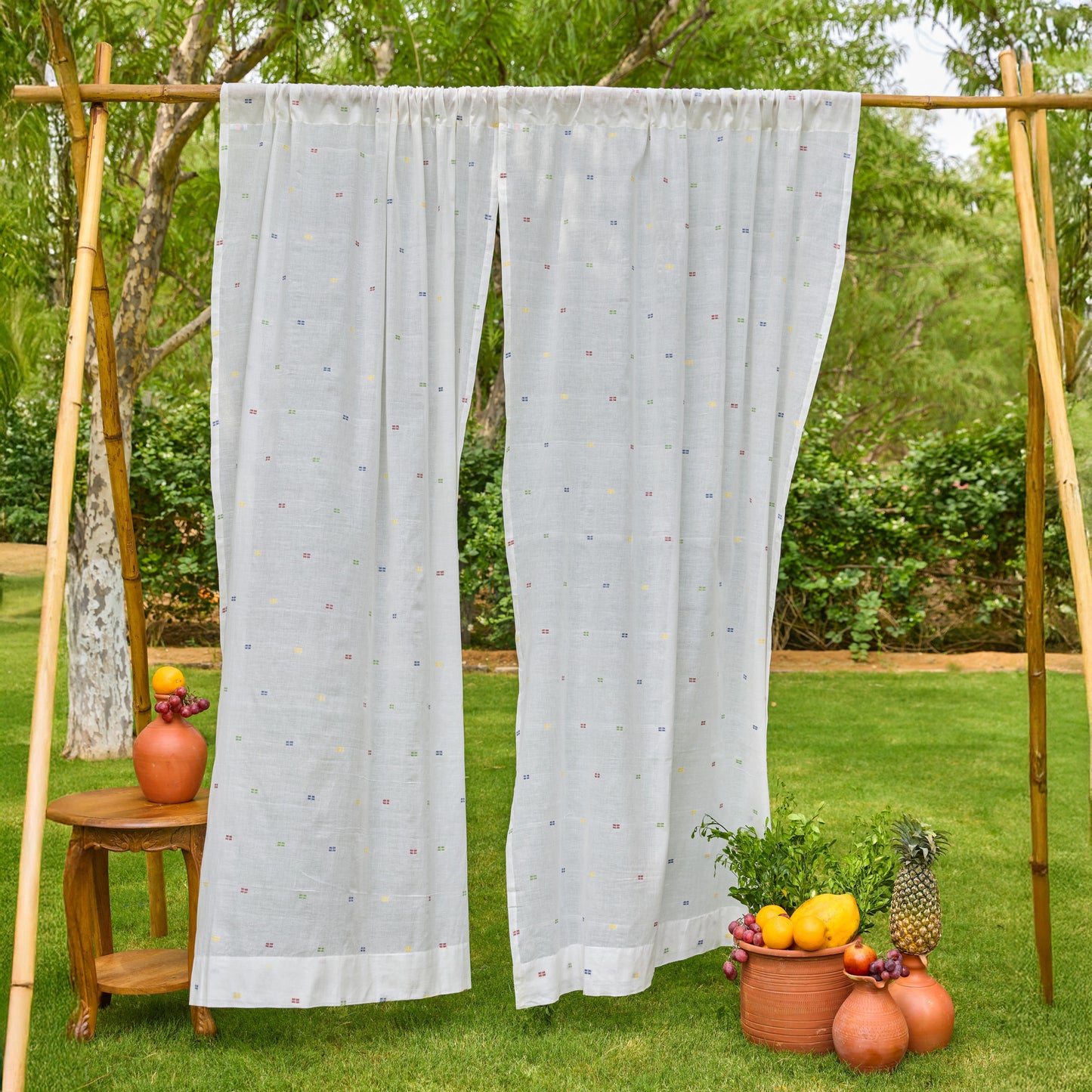 White & Multicolor Shutor Saaj Jamdani Cotton Handloom Curtain-Curtains-House of Ekam