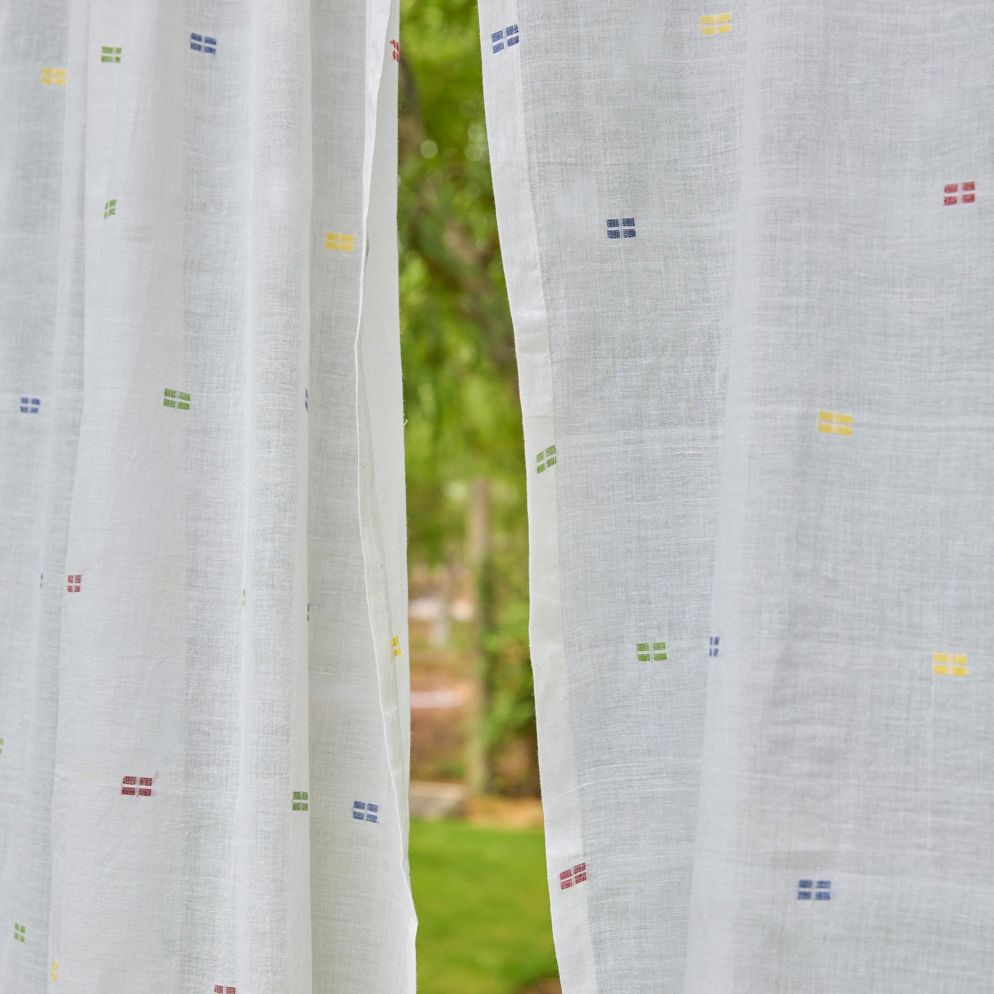 White & Multicolor Shutor Saaj Jamdani Cotton Handloom Curtain-Curtains-House of Ekam