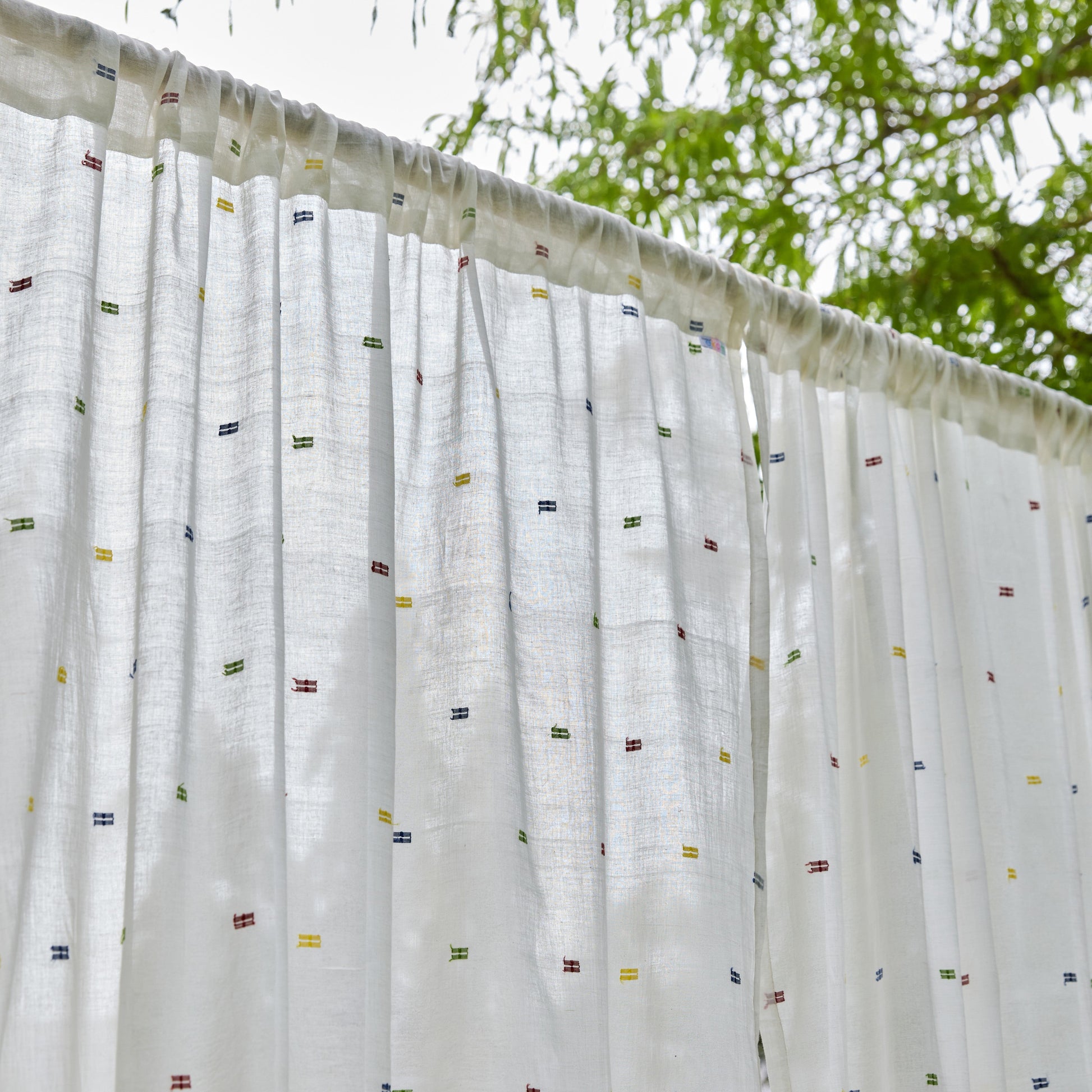White & Multicolor Shutor Saaj Jamdani Cotton Handloom Curtain-Curtains-House of Ekam