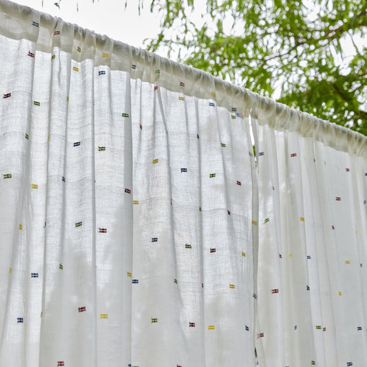 White & Multicolor Shutor Saaj Jamdani Cotton Handloom Curtain-Curtains-House of Ekam