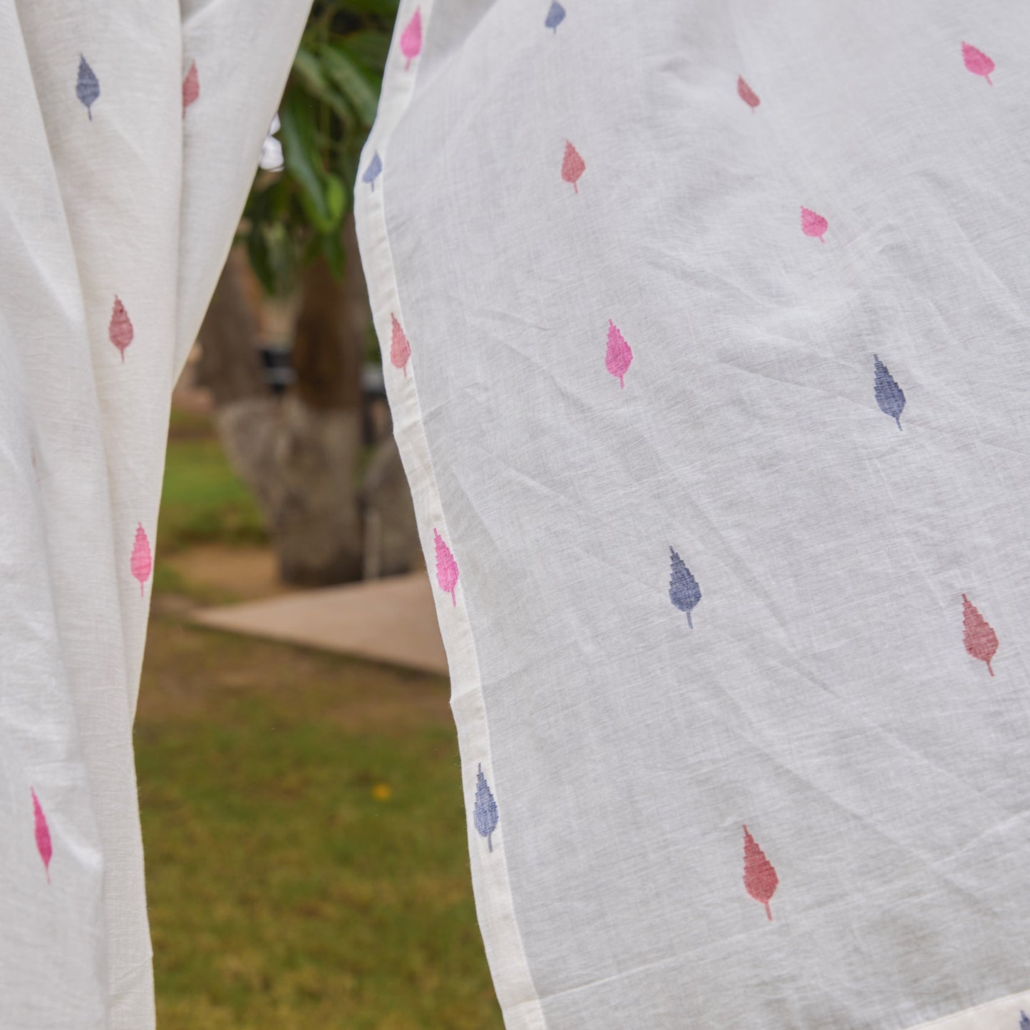 White Padma Jhalok Jamdani Cotton Handloom Curtain-Curtains-House of Ekam