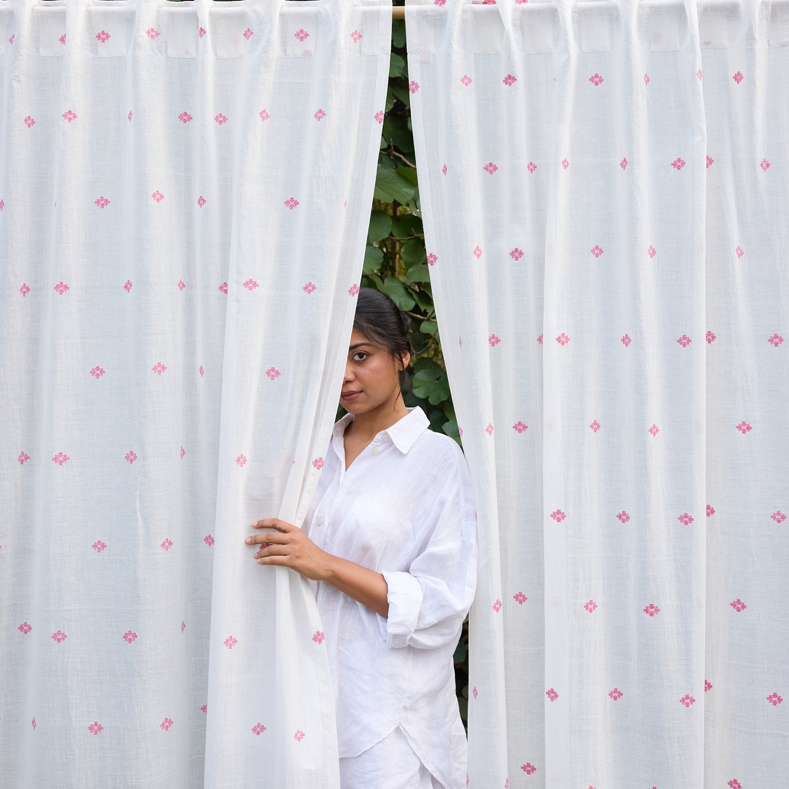 White & Pink Neer Jamdani Cotton Handloom Curtain-Curtains-House of Ekam