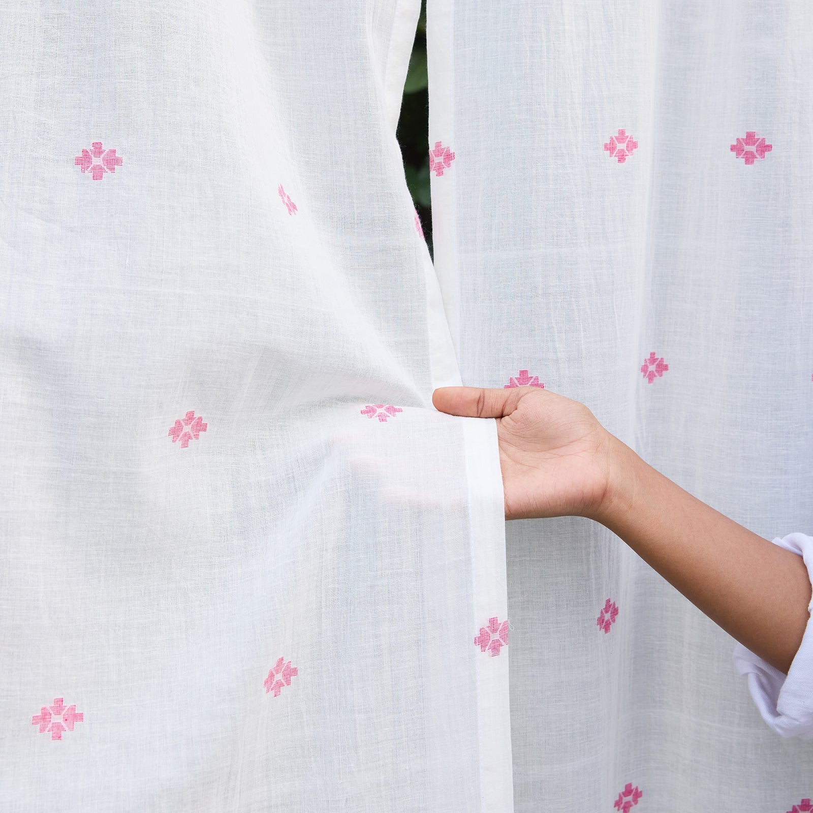 White & Pink Neer Jamdani Cotton Handloom Curtain-Curtains-House of Ekam