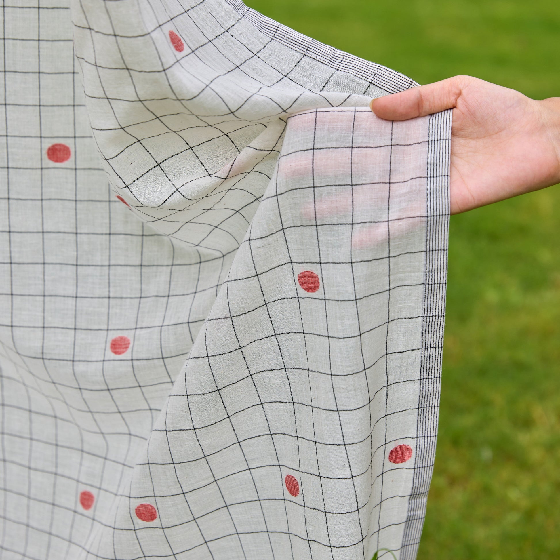 White & Red Checks Jamdani Cotton Handloom Curtain-Curtains-House of Ekam
