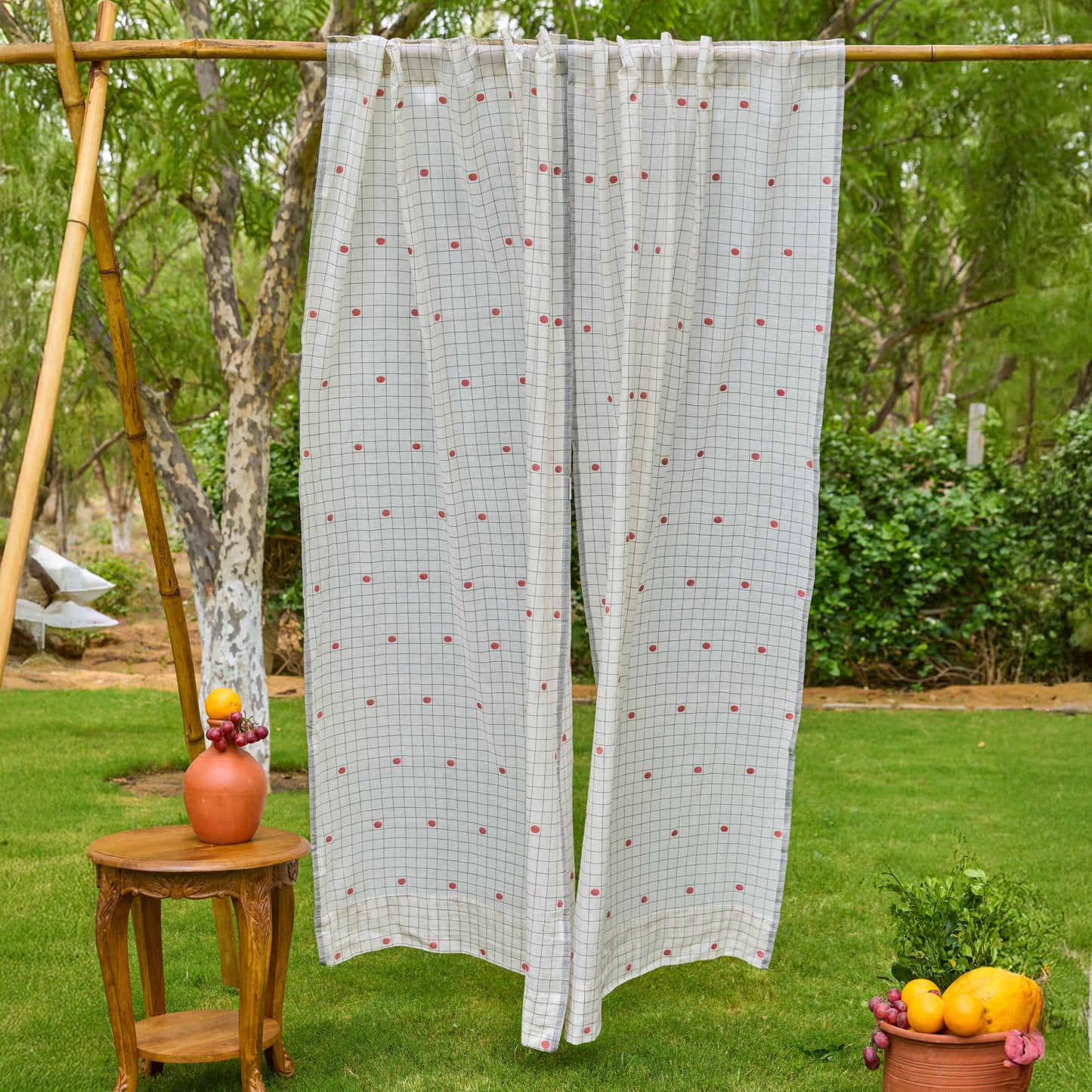 White & Red Checks Jamdani Cotton Handloom Curtain-Curtains-House of Ekam
