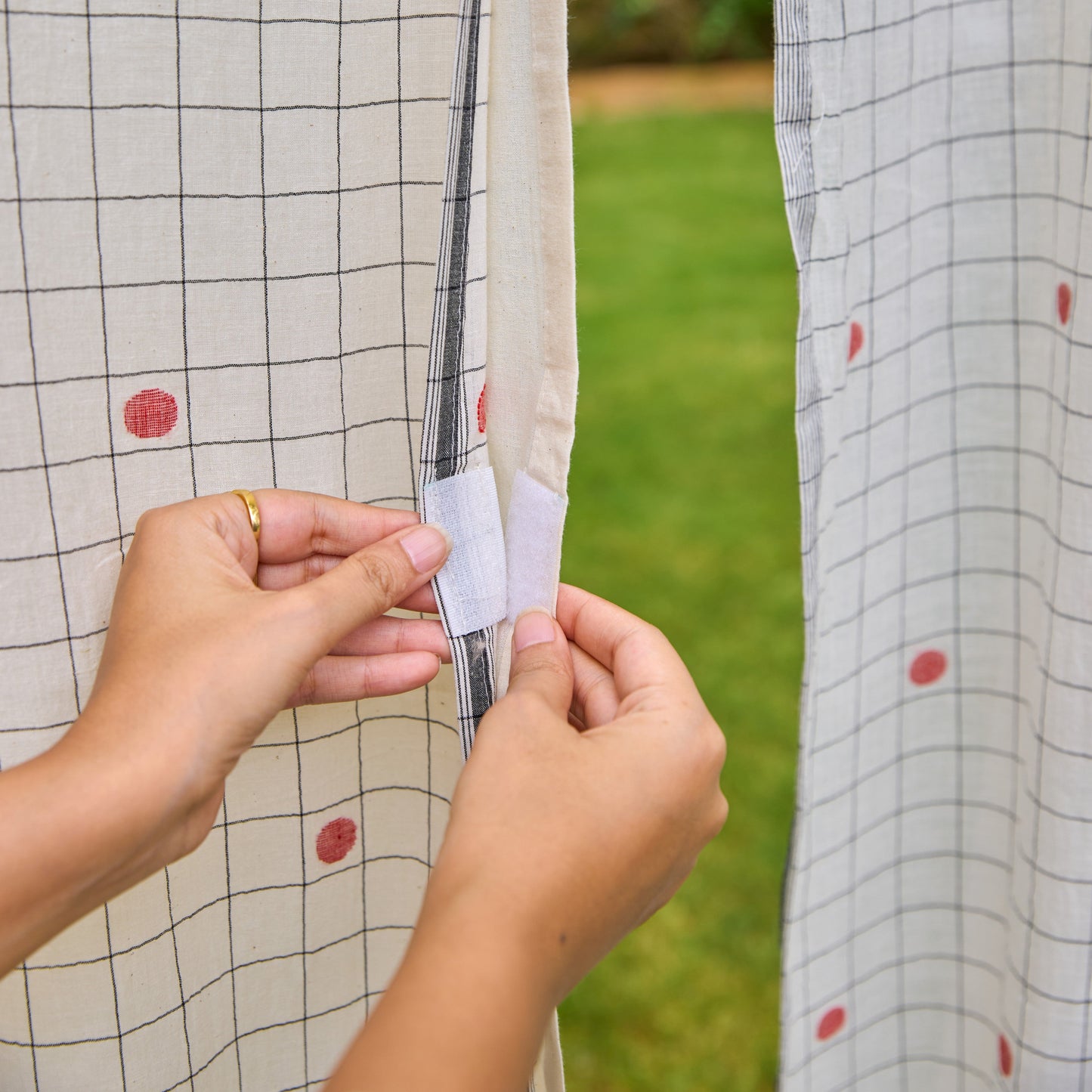 White & Red Checks Jamdani Cotton Handloom Curtain-Curtains-House of Ekam
