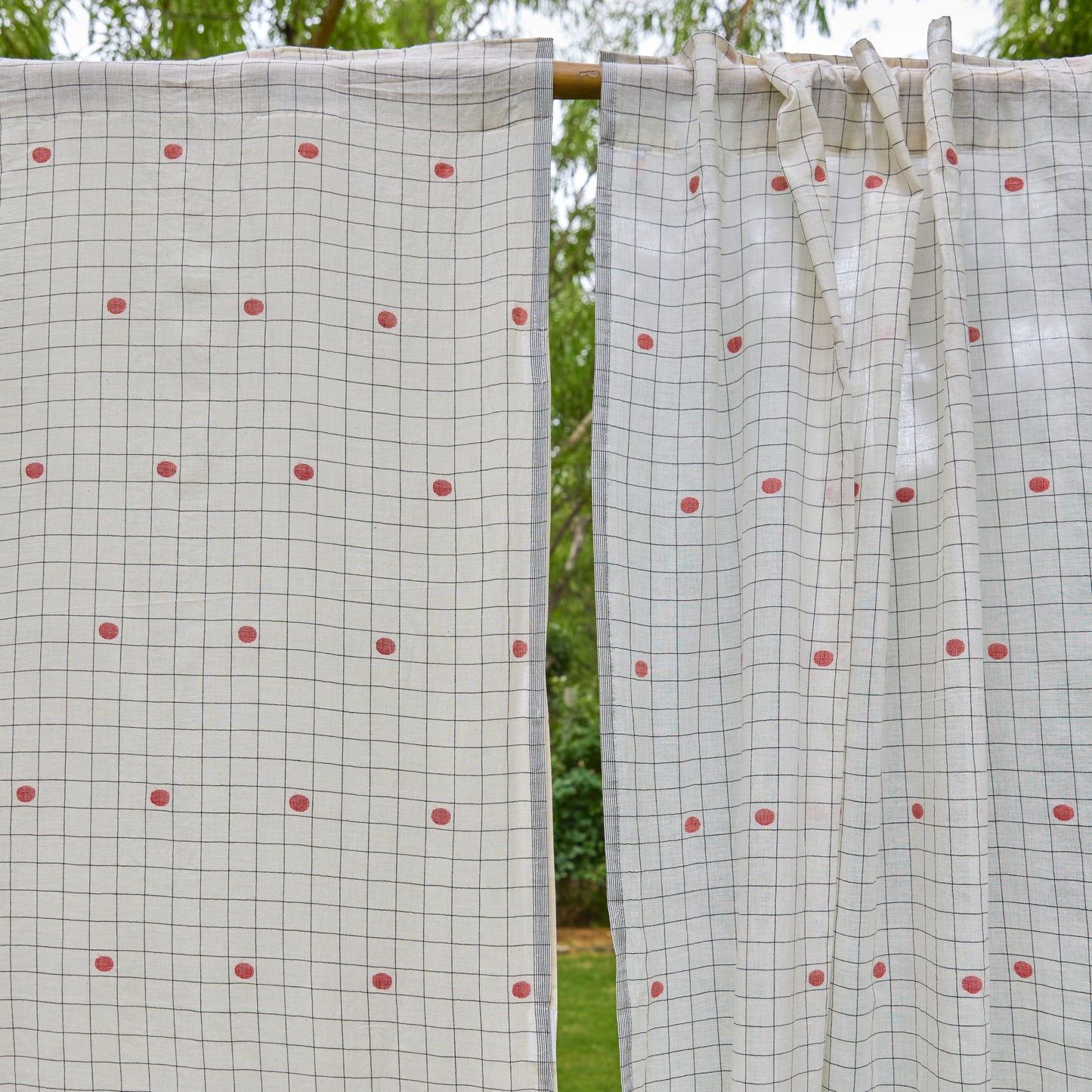 White & Red Checks Jamdani Cotton Handloom Curtain-Curtains-House of Ekam