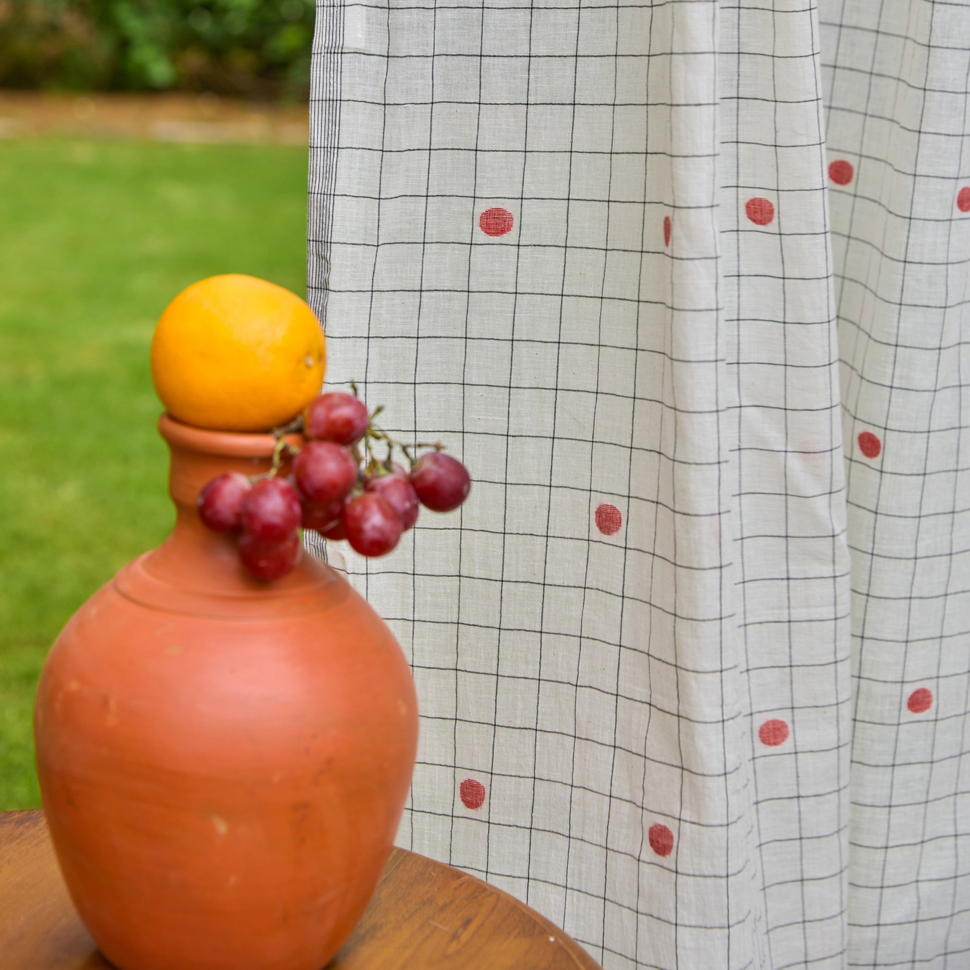 White & Red Checks Jamdani Cotton Handloom Curtain-Curtains-House of Ekam
