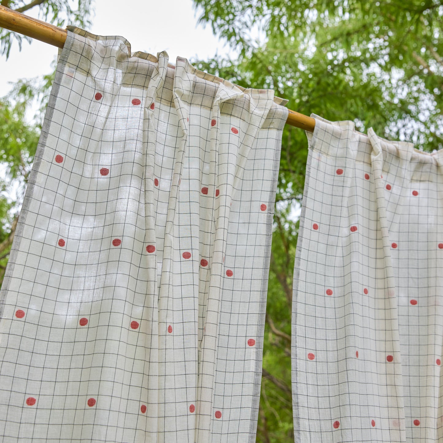 White & Red Checks Jamdani Cotton Handloom Curtain-Curtains-House of Ekam
