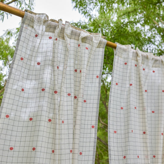 White & Red Checks Jamdani Cotton Handloom Curtain-Curtains-House of Ekam