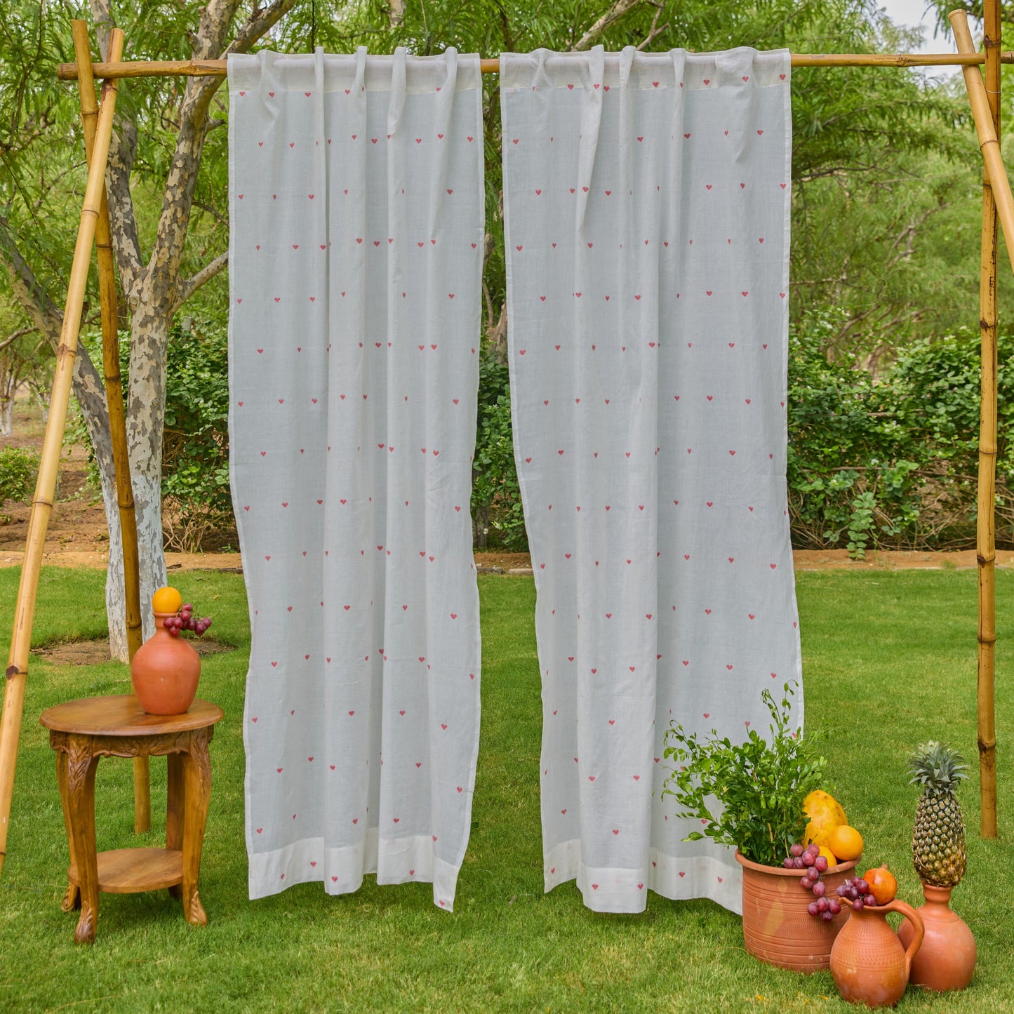 White & Red Heart Jamdani Cotton Handloom Curtain-Curtains-House of Ekam