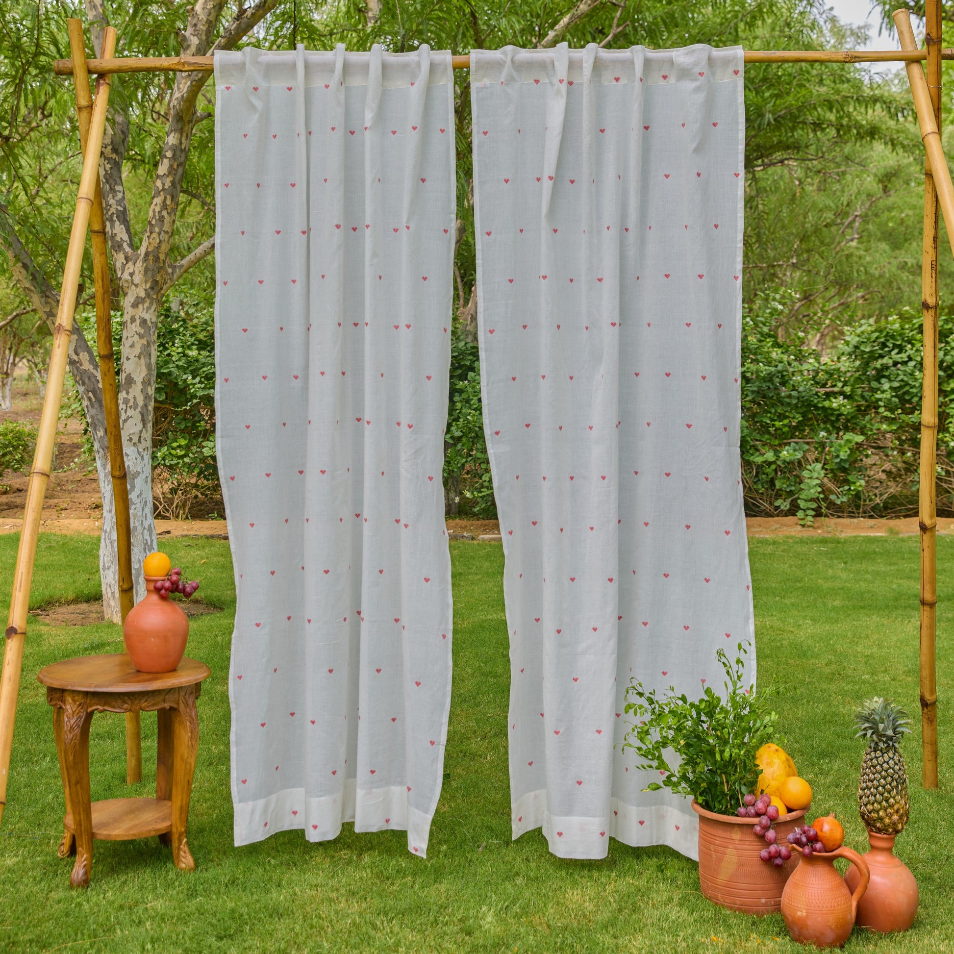 White & Red Heart Jamdani Cotton Handloom Curtain-Curtains-House of Ekam