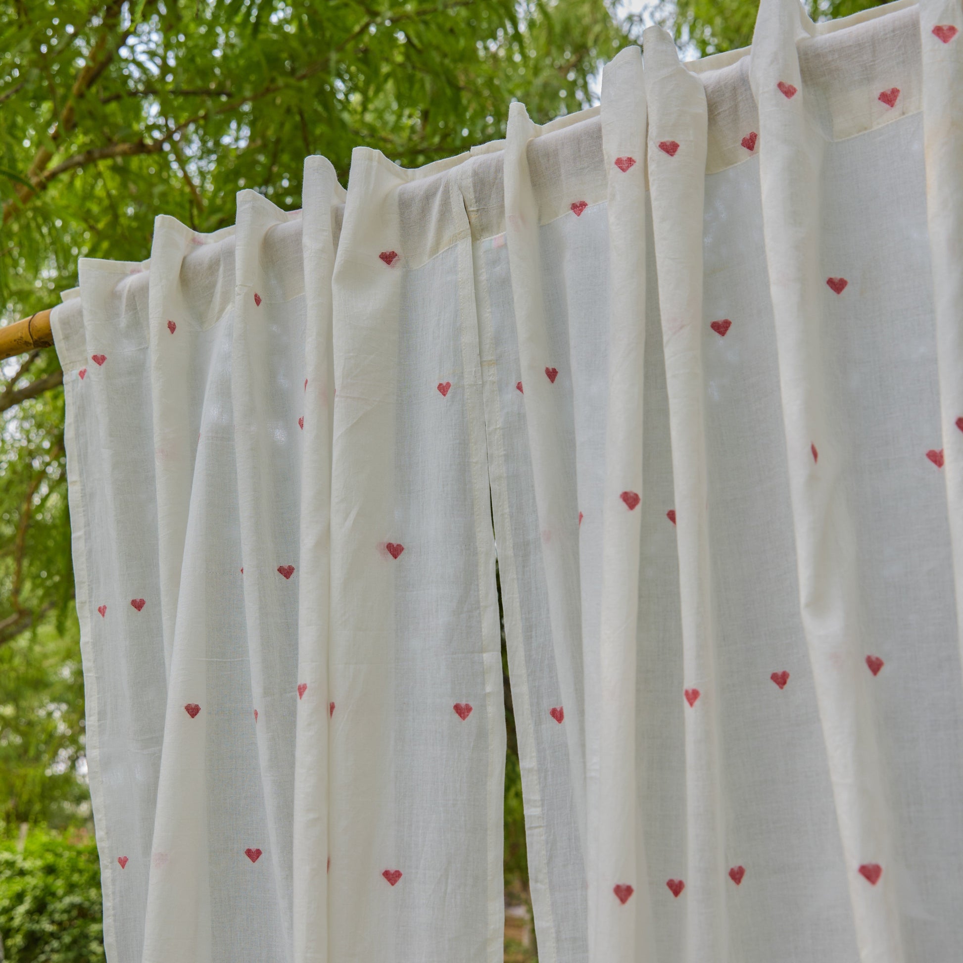 White & Red Heart Jamdani Cotton Handloom Curtain-Curtains-House of Ekam
