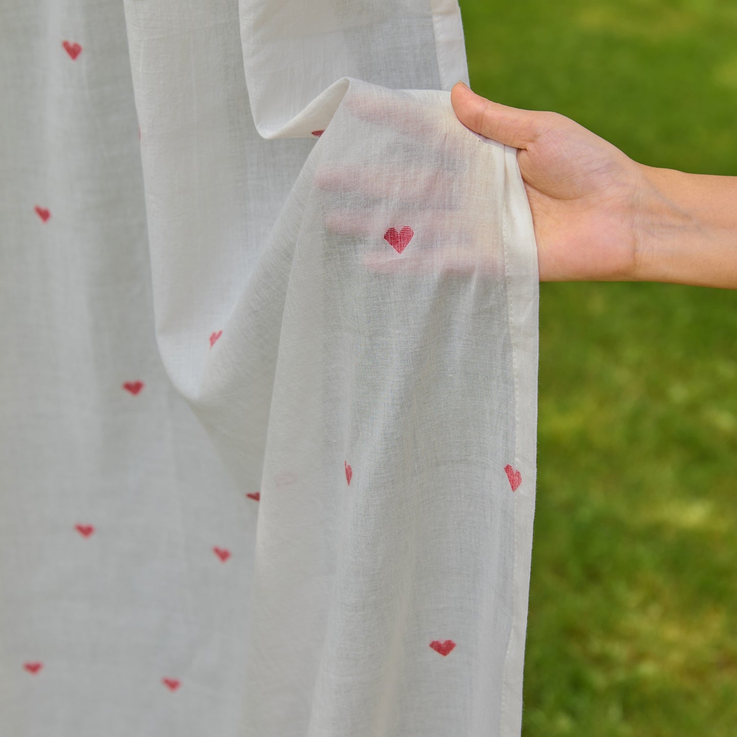 White & Red Heart Jamdani Cotton Handloom Curtain-Curtains-House of Ekam