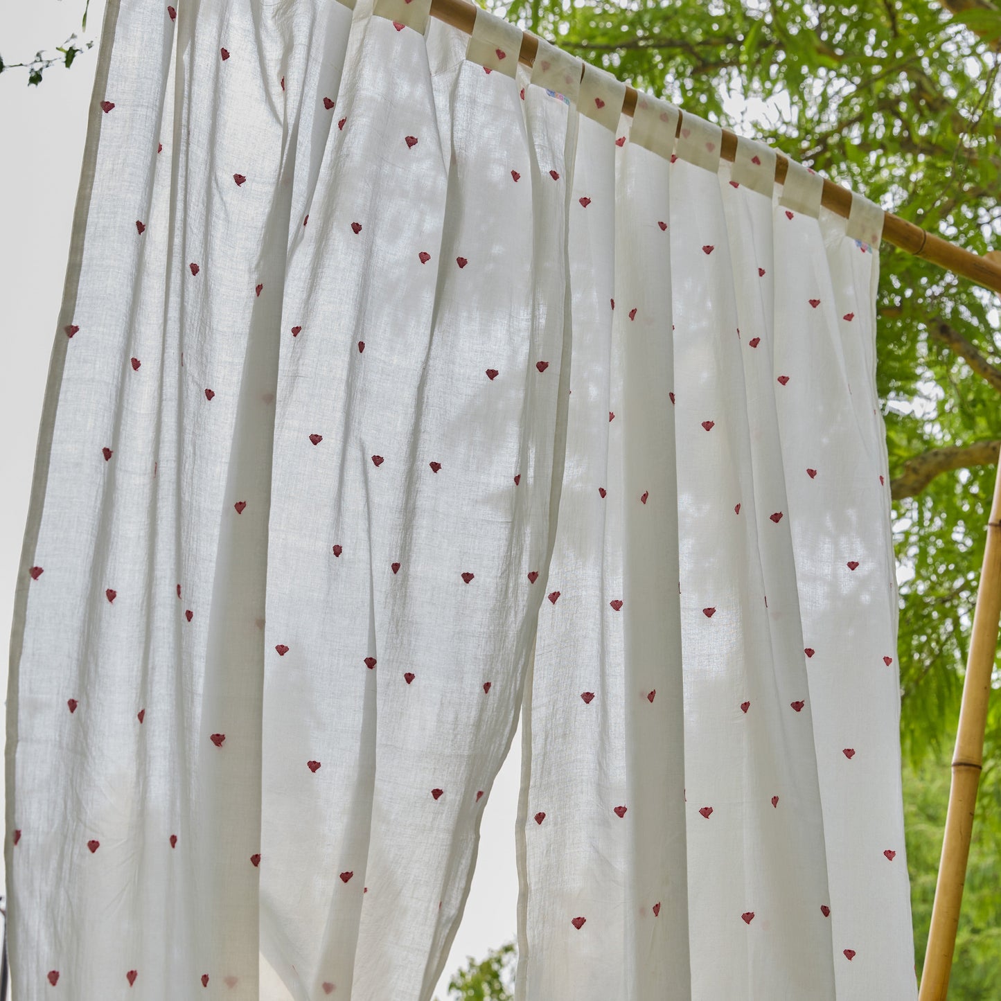 White & Red Heart Jamdani Cotton Handloom Curtain-Curtains-House of Ekam