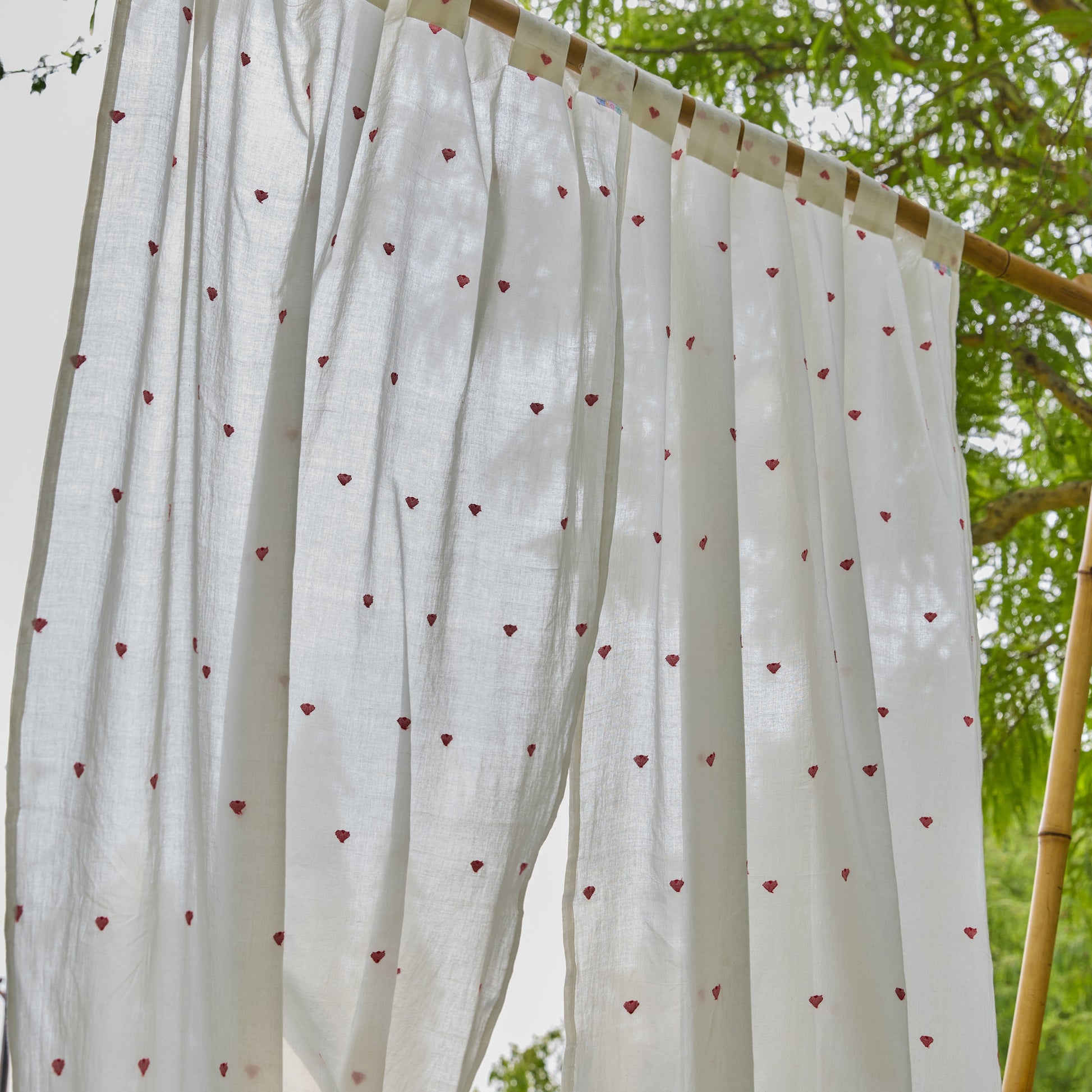 White & Red Heart Jamdani Cotton Handloom Curtain-Curtains-House of Ekam