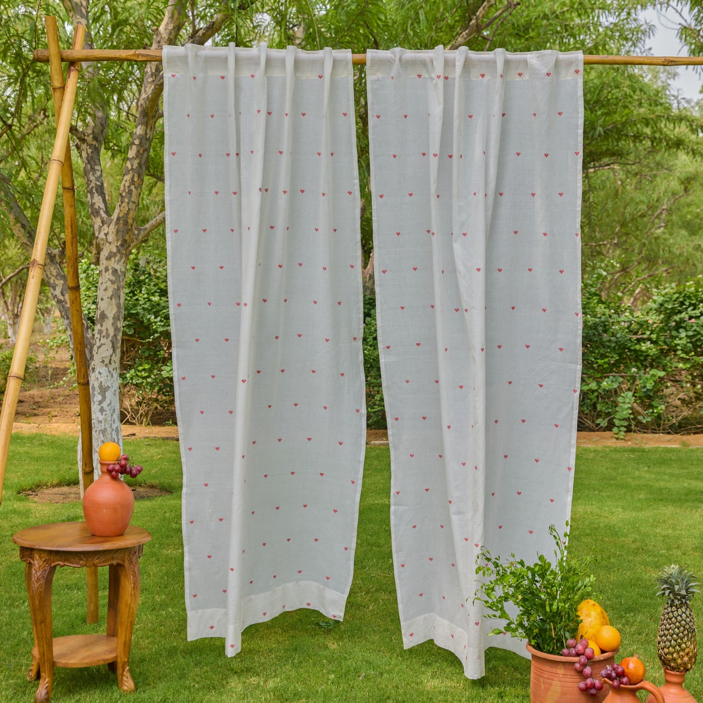 White & Red Heart Jamdani Cotton Handloom Curtain-Curtains-House of Ekam