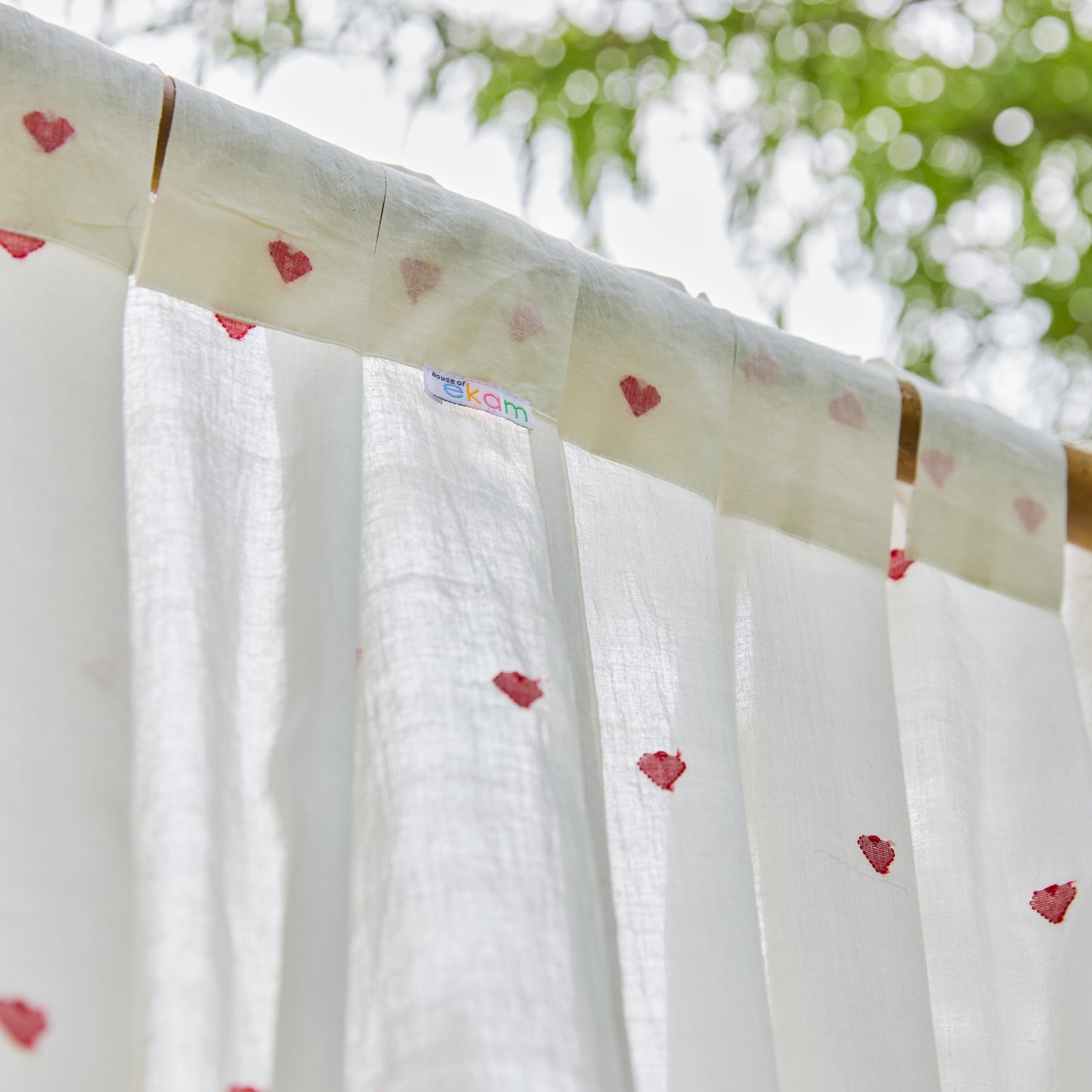 White & Red Heart Jamdani Cotton Handloom Curtain-Curtains-House of Ekam