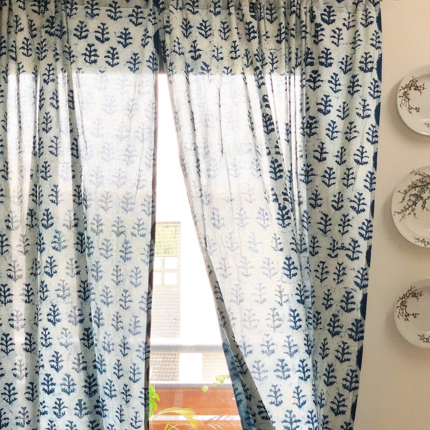 White Twig Indigo Semi Sheer Curtain-Curtains-House of Ekam