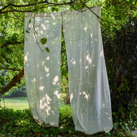 White on White Patchwork Handmade Cotton Curtain-Curtains-House of Ekam