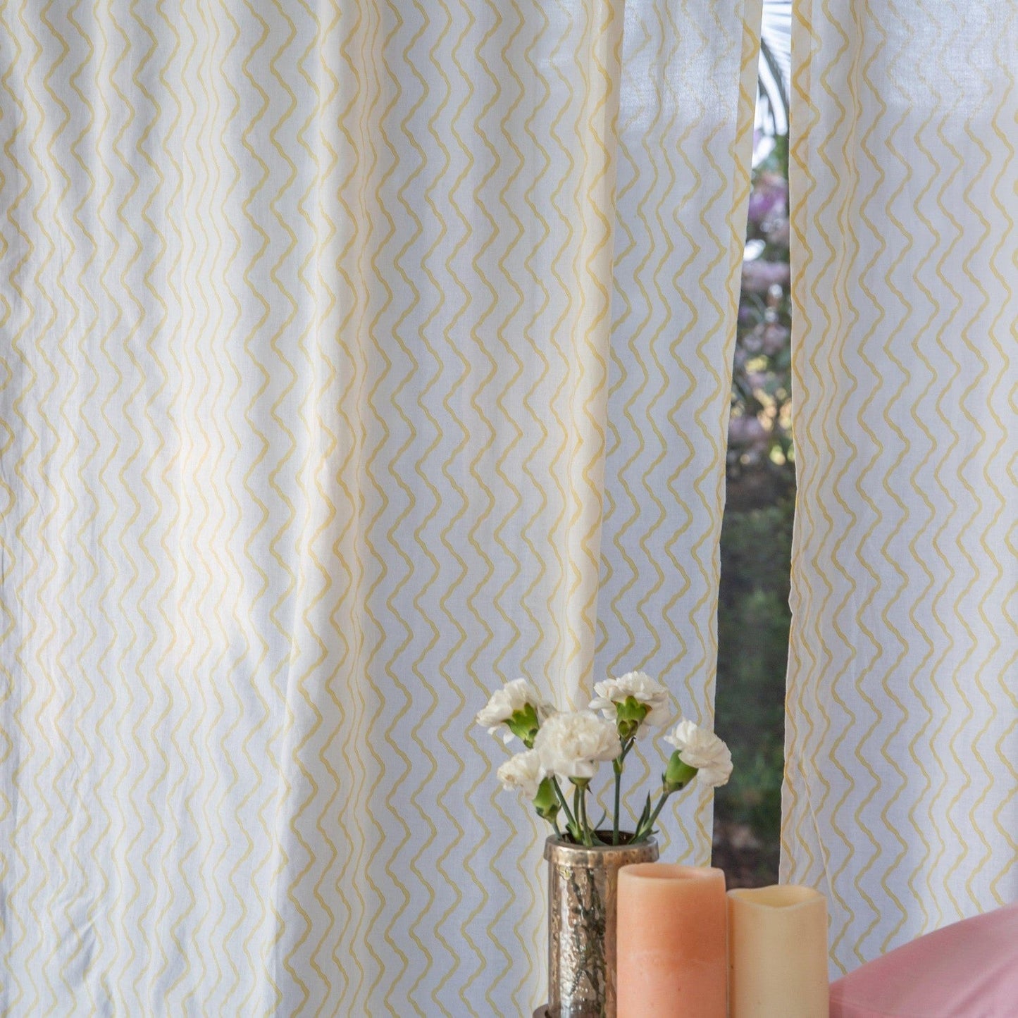 Yellow Chevron Blockprint Cotton Sheer Curtain-Curtains-House of Ekam