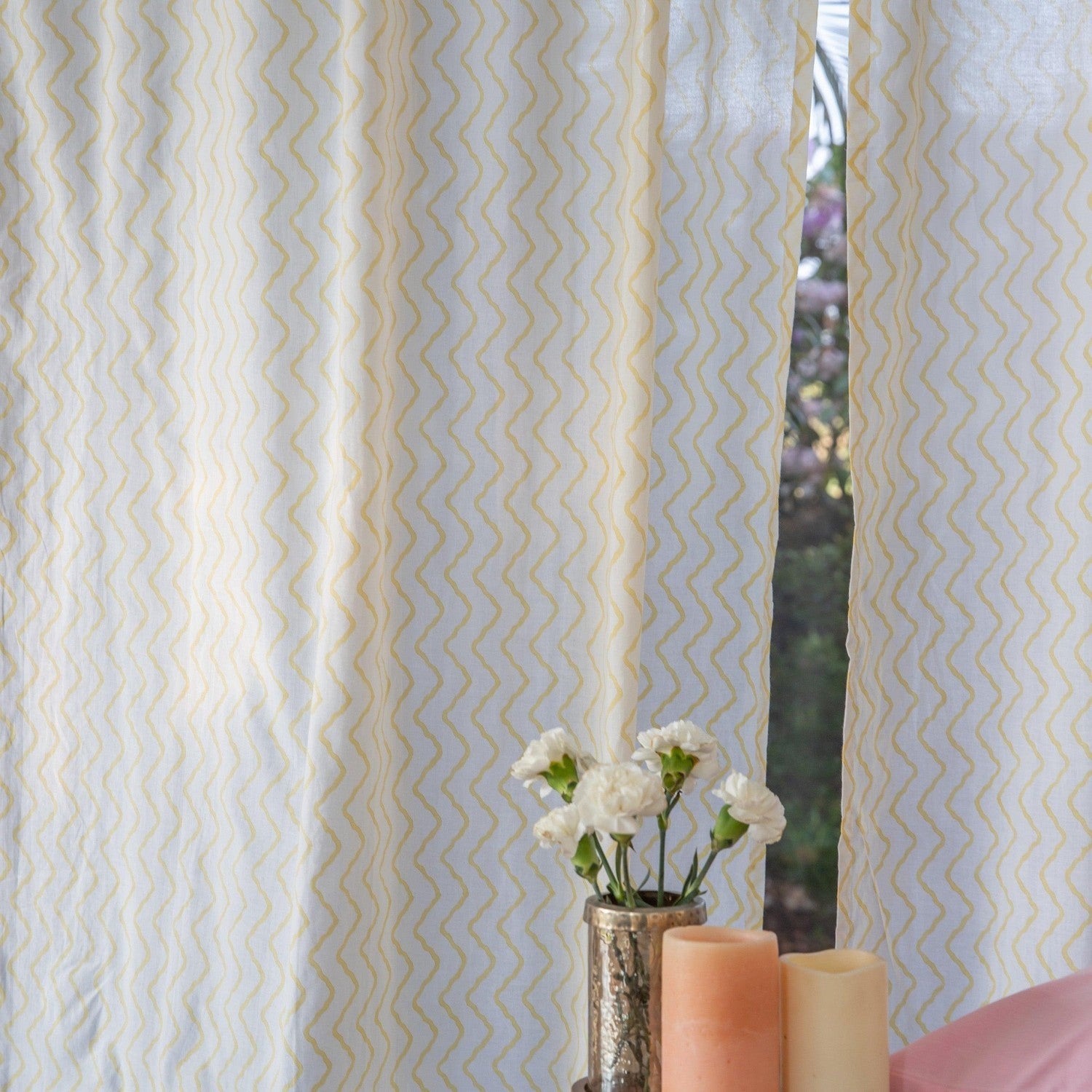 Yellow Chevron Blockprint Cotton Sheer Curtain-Curtains-House of Ekam
