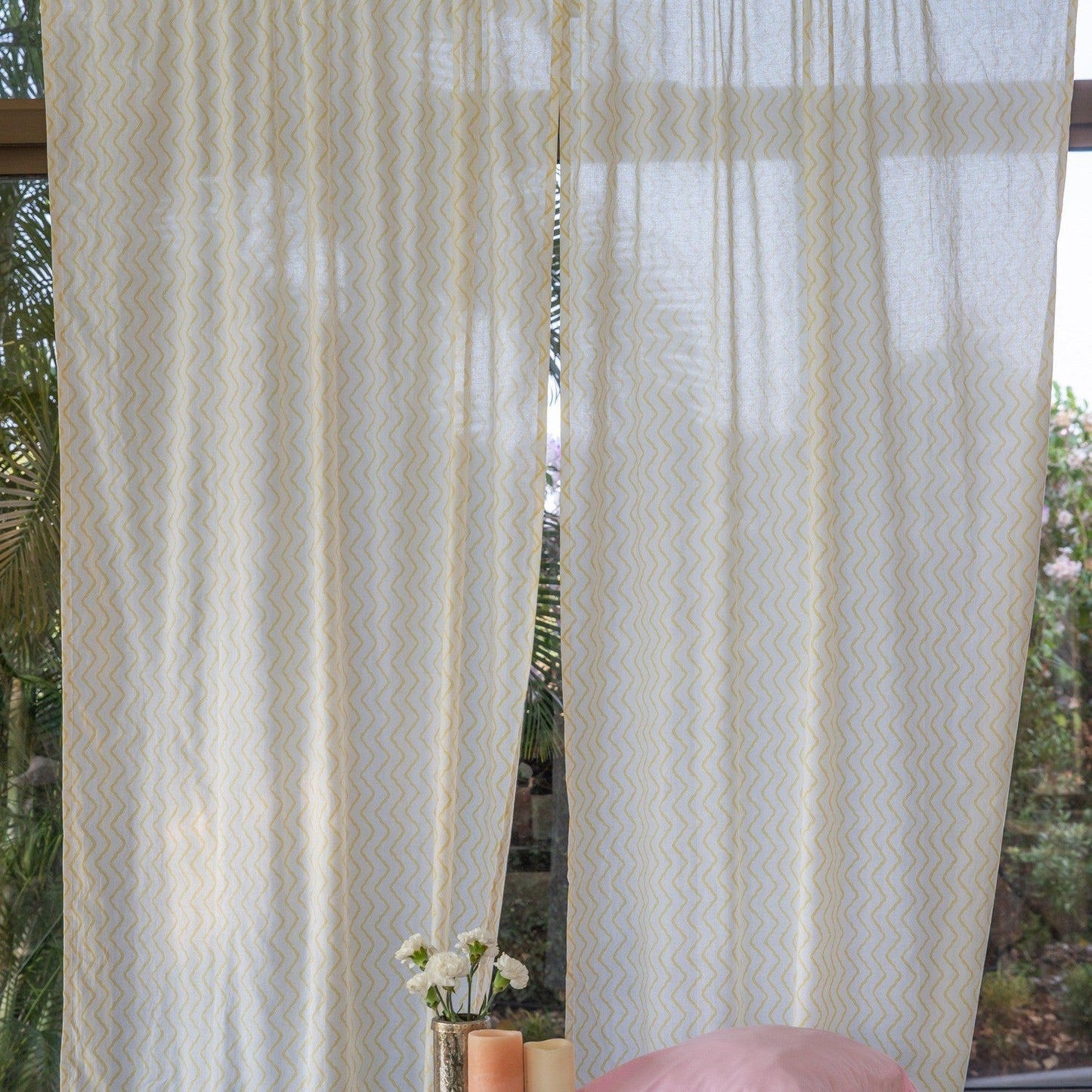 Yellow Chevron Blockprint Cotton Sheer Curtain-Curtains-House of Ekam