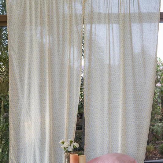 Yellow Chevron Blockprint Cotton Sheer Curtain-Curtains-House of Ekam