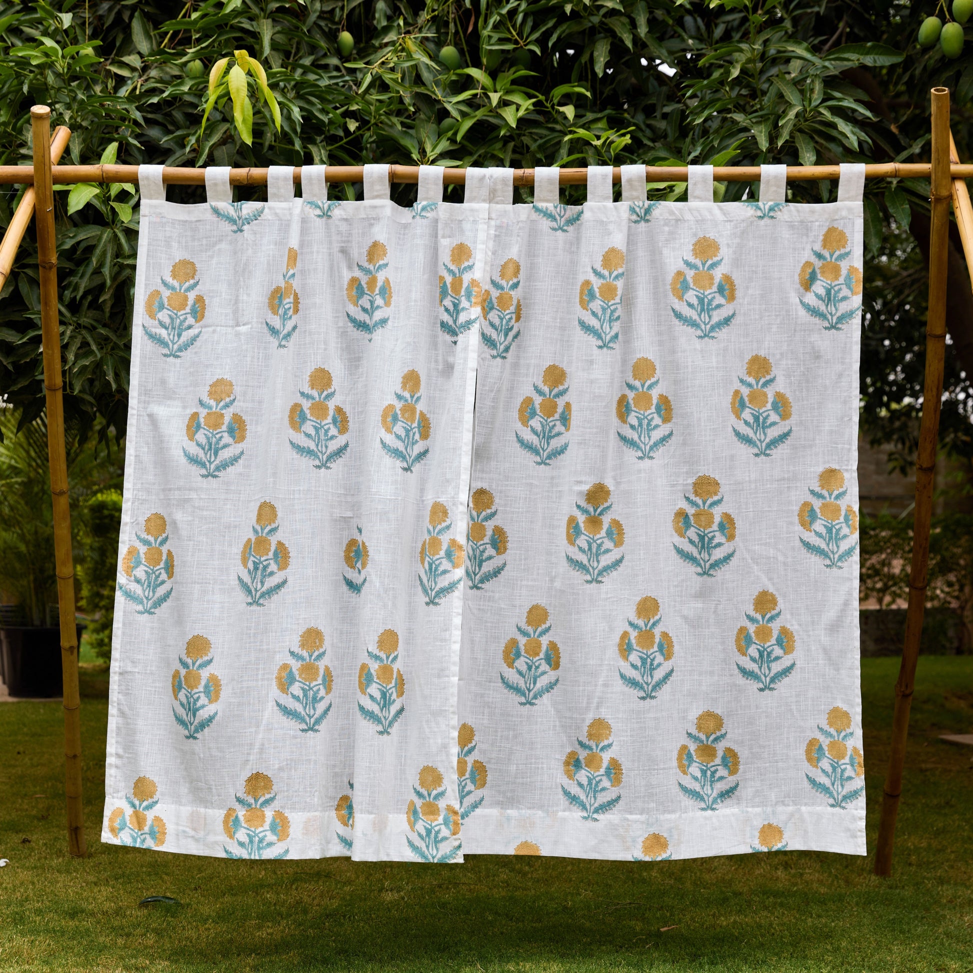 Yellow Poppy Blockprint Cotton Slub Curtain-Curtains-House of Ekam
