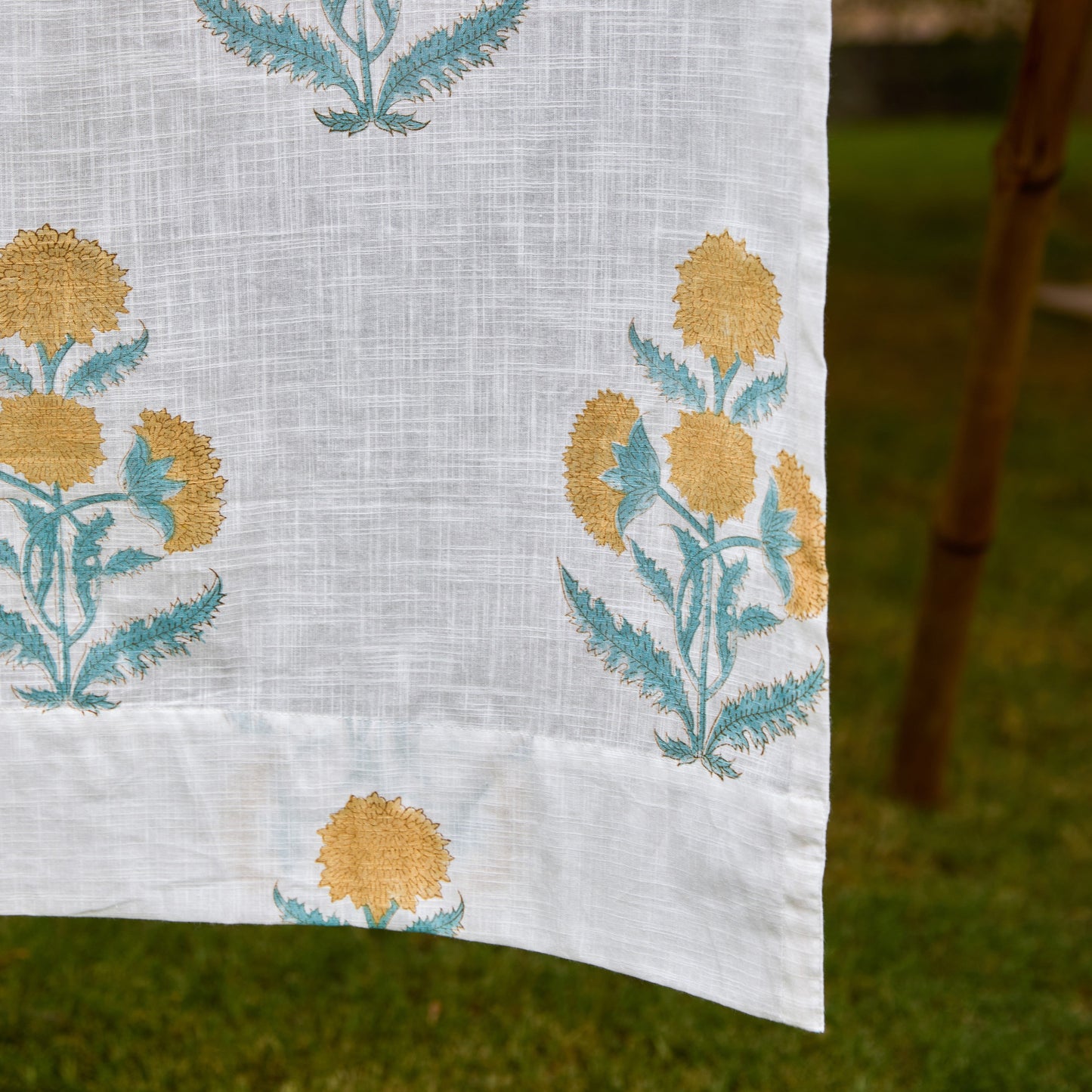 Yellow Poppy Blockprint Cotton Slub Curtain-Curtains-House of Ekam