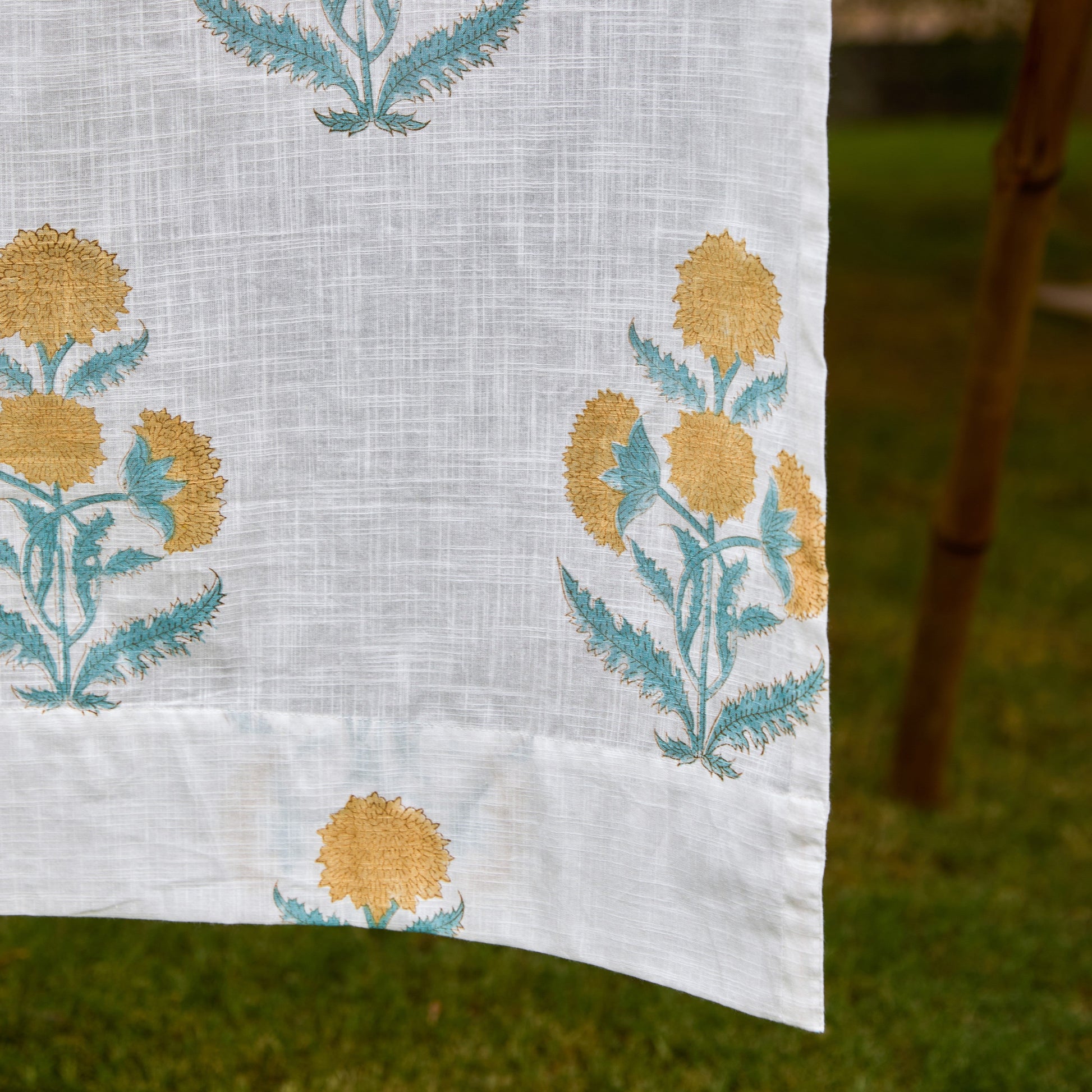 Yellow Poppy Blockprint Cotton Slub Curtain-Curtains-House of Ekam