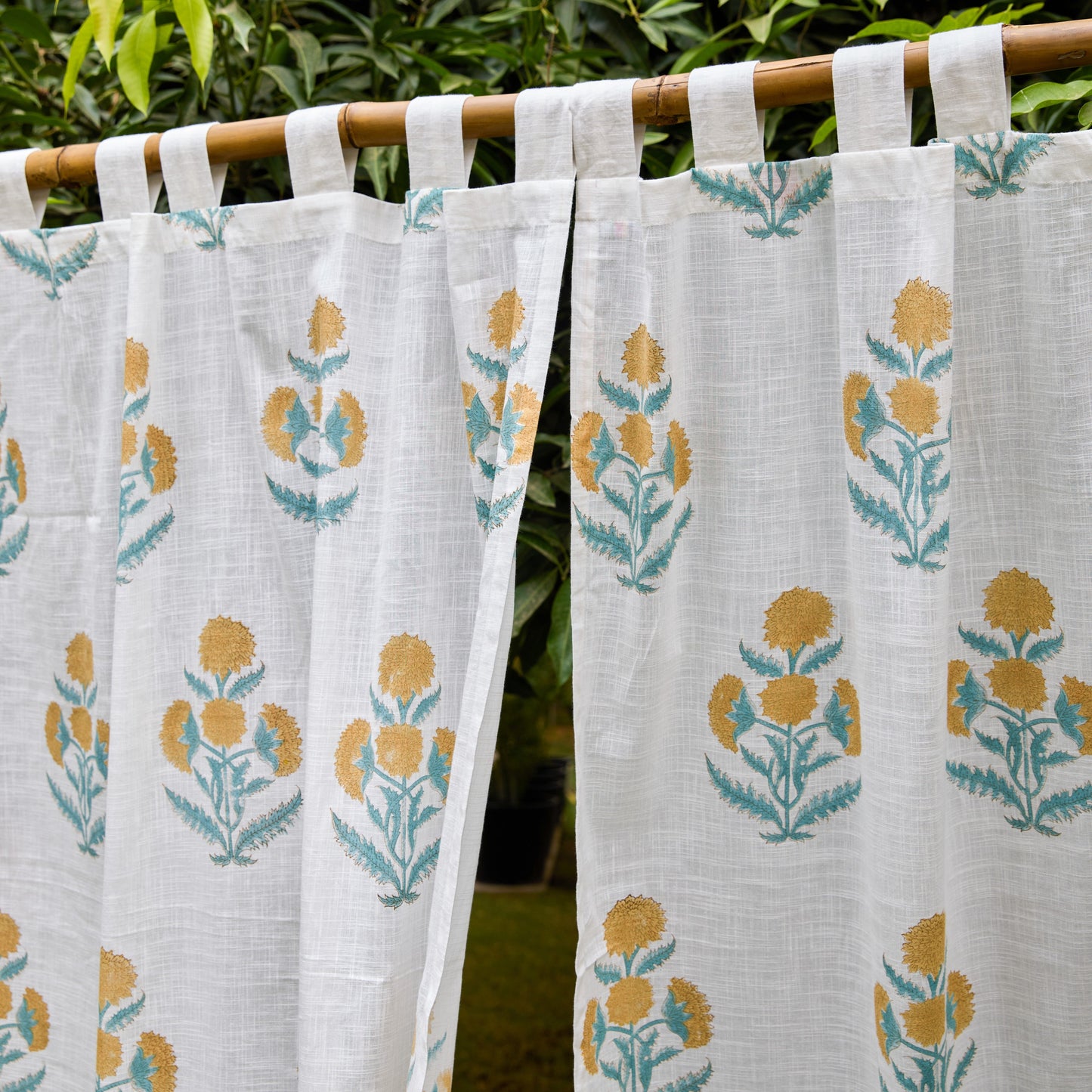 Yellow Poppy Blockprint Cotton Slub Curtain-Curtains-House of Ekam