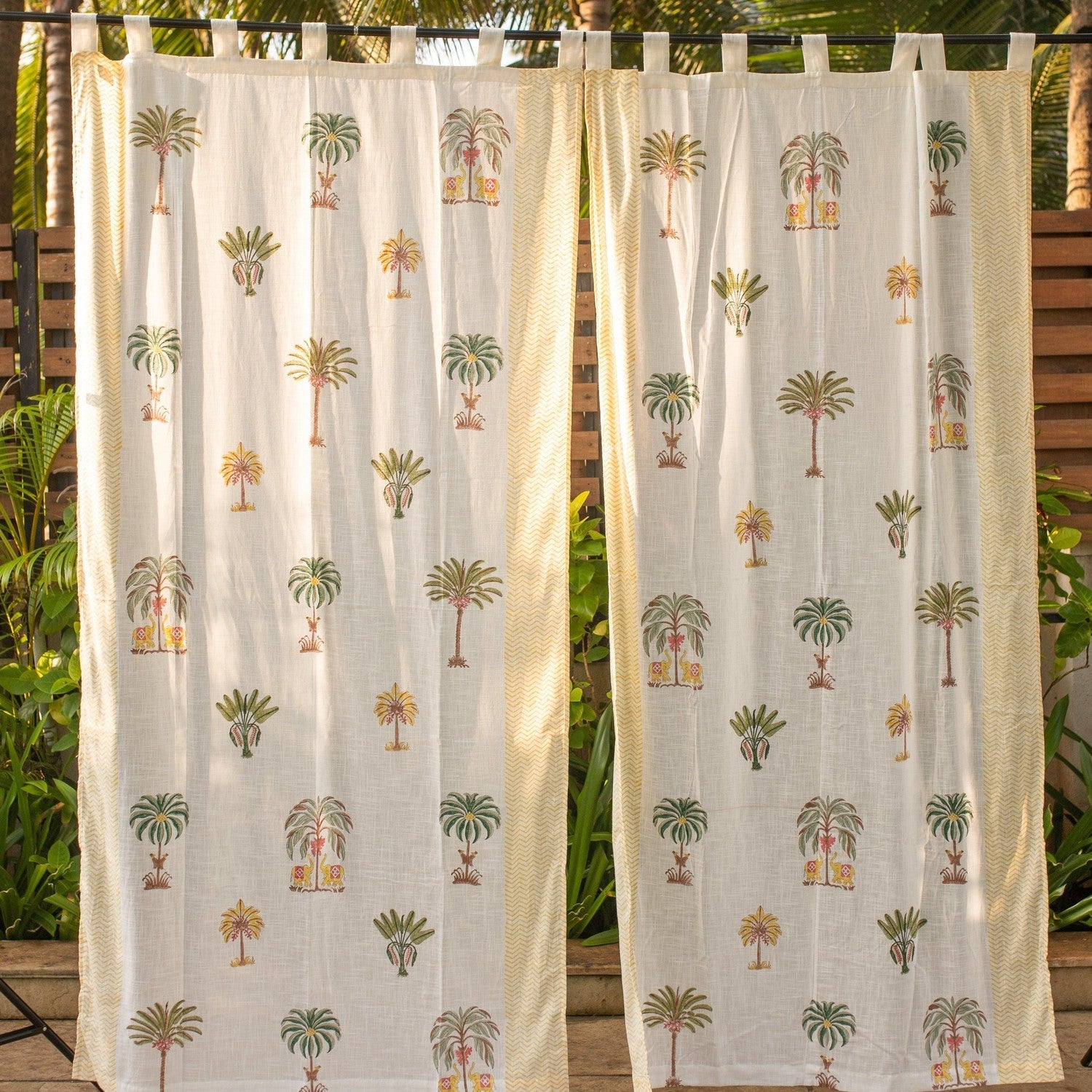 Yellow and Green Kerala Blockprint Cotton Slub Curtain-Curtains-House of Ekam