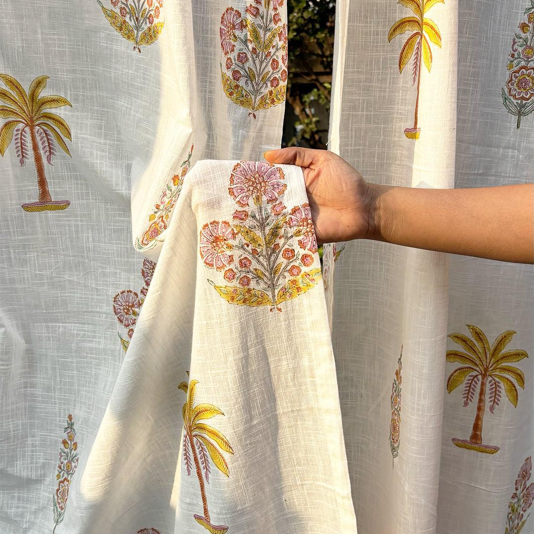 Yellow and Pink Malabar Blockprint Cotton Slub Curtain-Curtains-House of Ekam